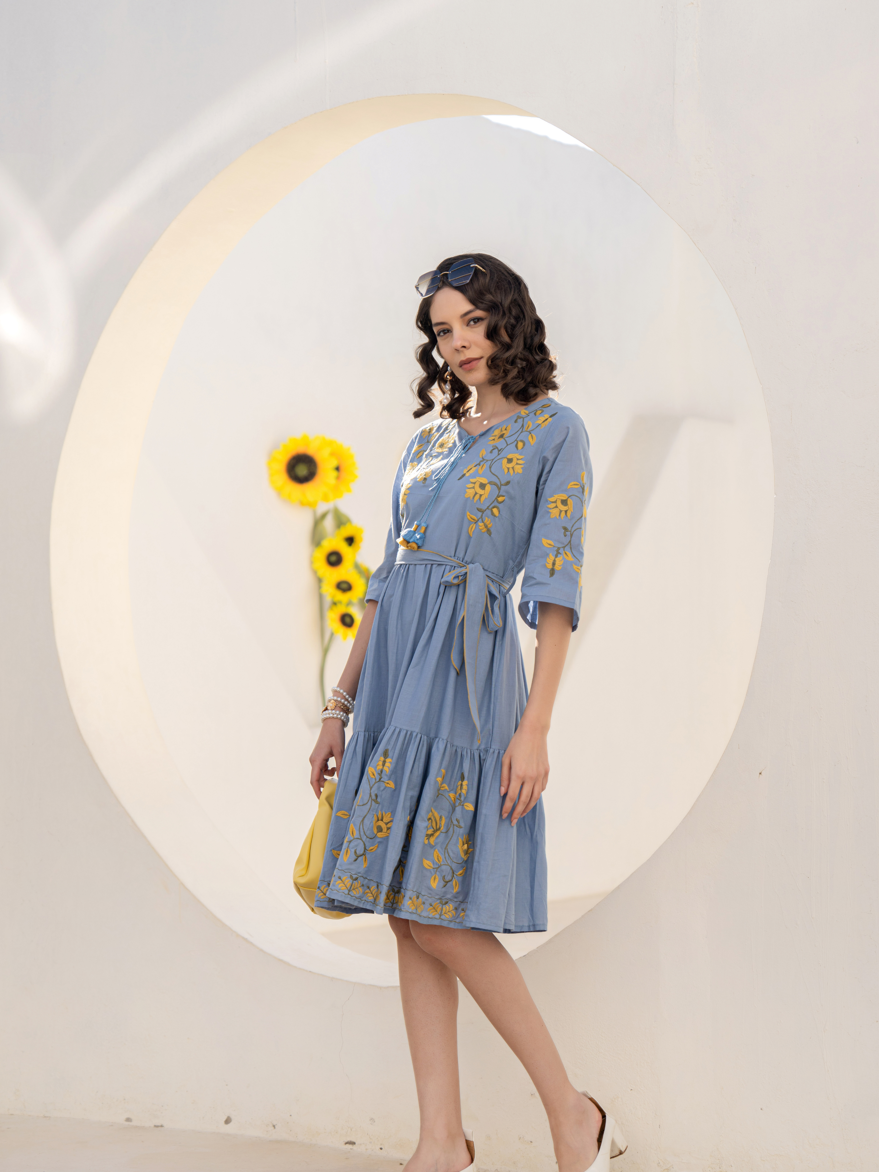 ZEHRA BLUE SUNFLOWER THREADWORK DRESS