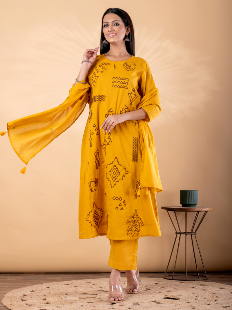 MUSTARD YELLOW TRIBAL EMBROIDERED SUIT SET