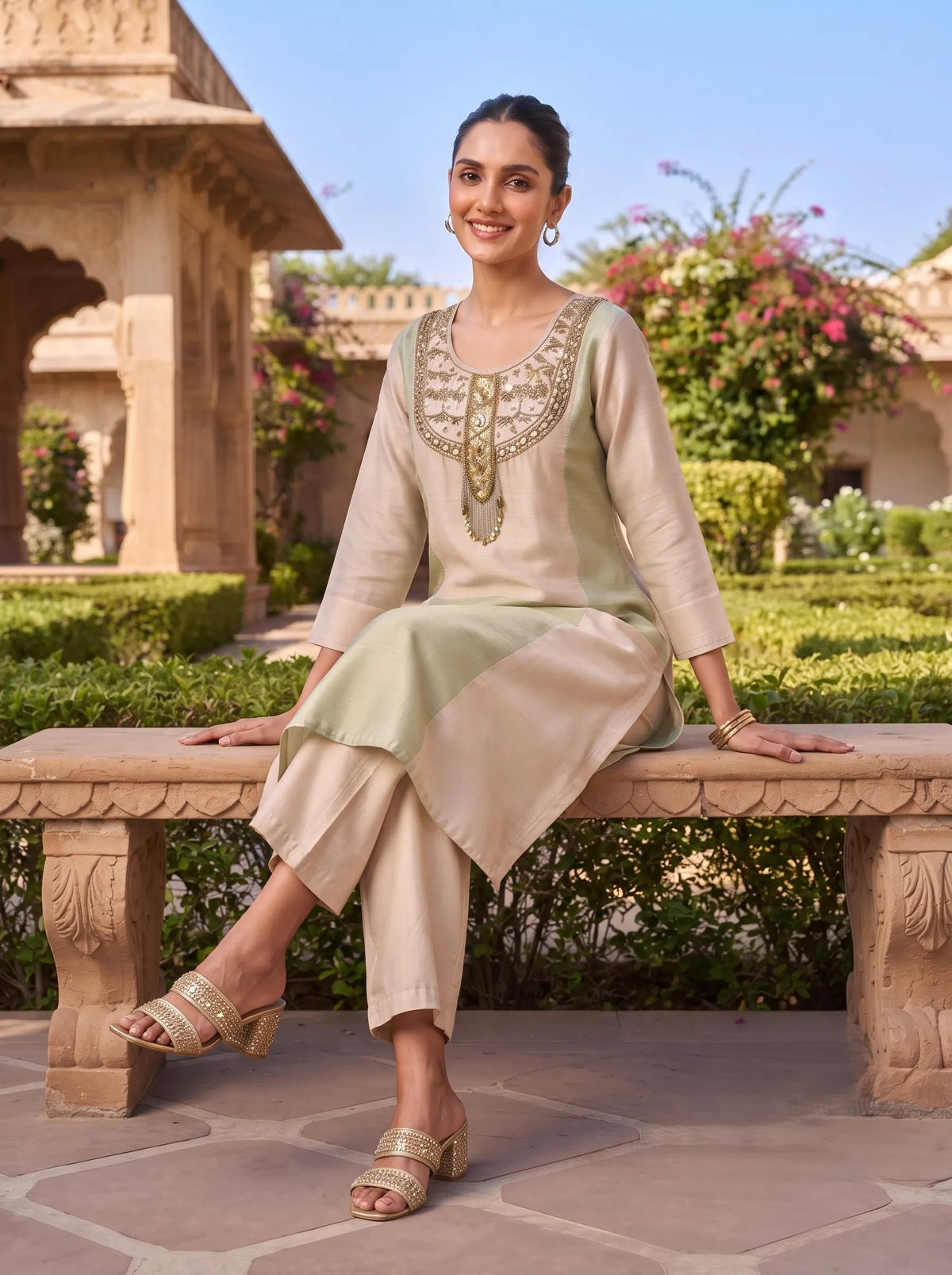 PASTEL GREEN AND BEIGE HAND EMBROIDERED SALSA CO-ORD SET