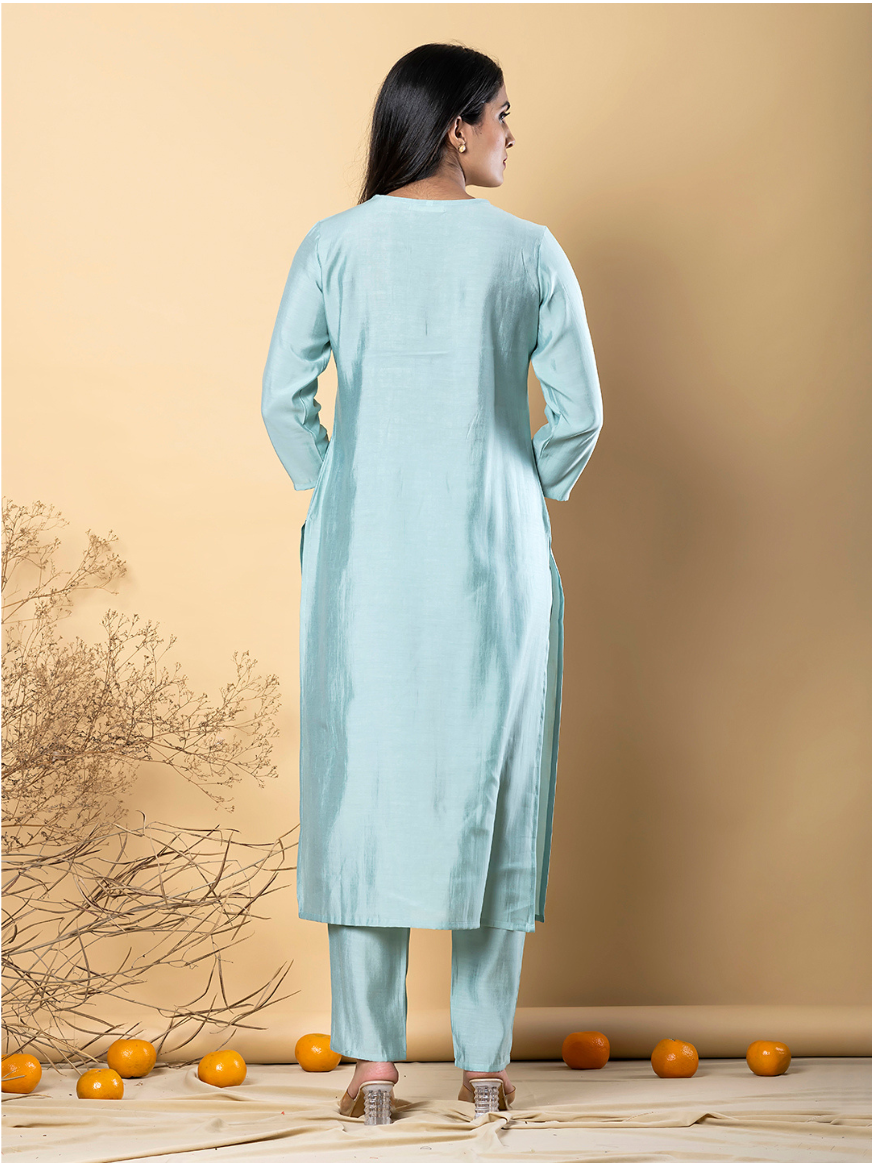 PASTEL SEA GREEN V-NECK EMBROIDERED KURTA SET