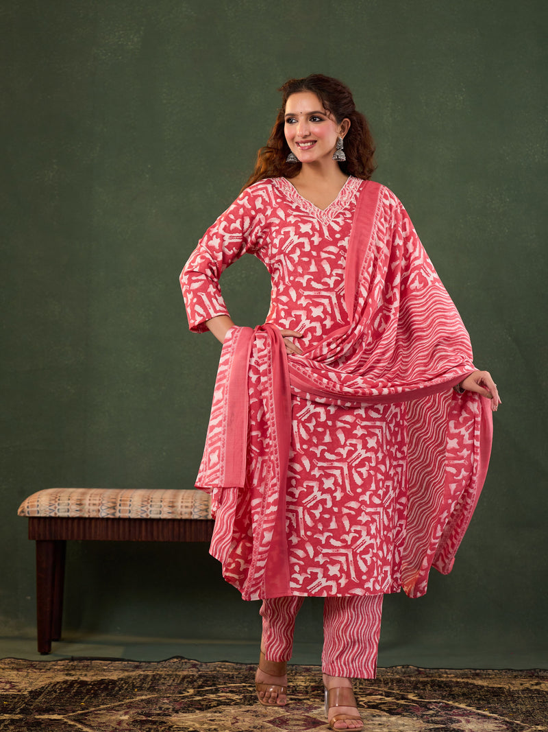 LEELA FLORAL PURE COTTON THREE PCS SUIT SET