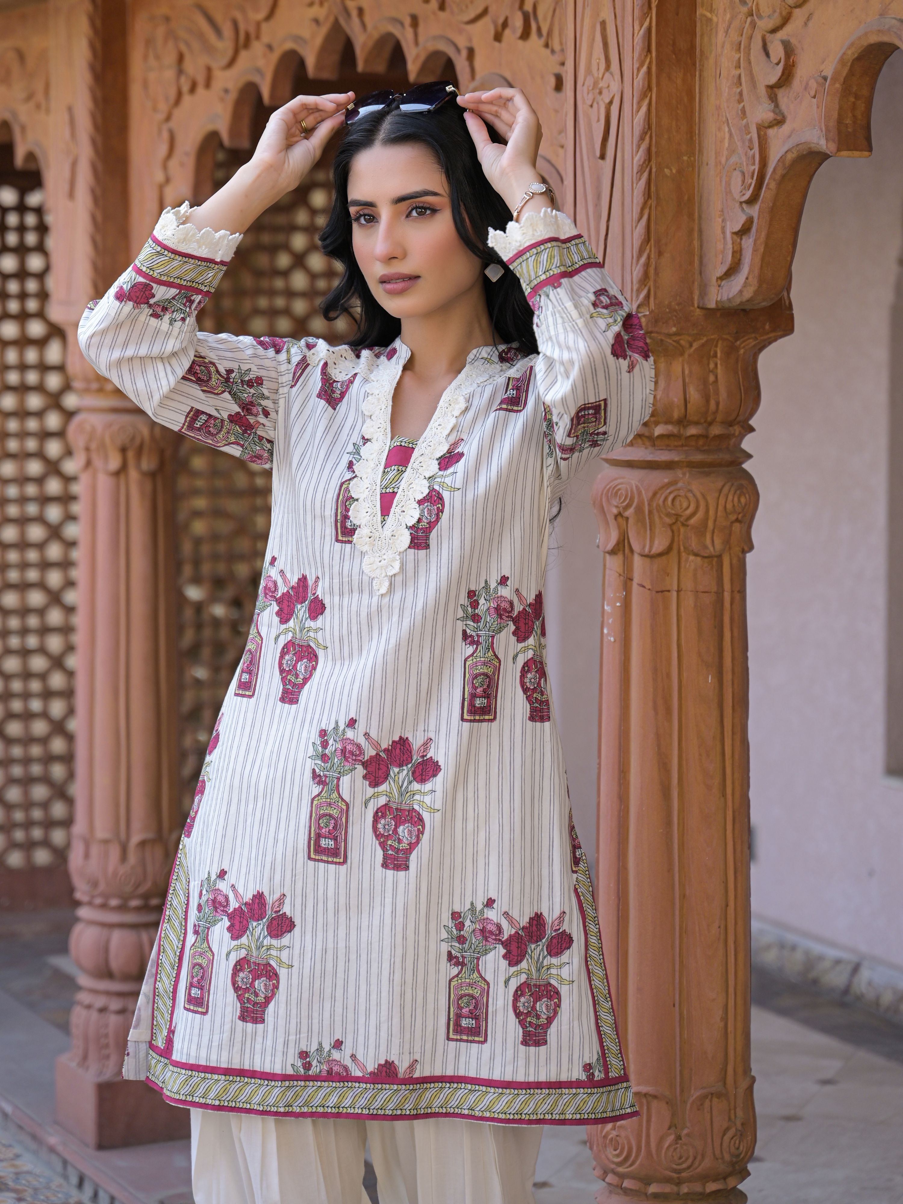 ROSE IVORY HERITAGE LACE WORK PURE COTTON FARSHI SUIT