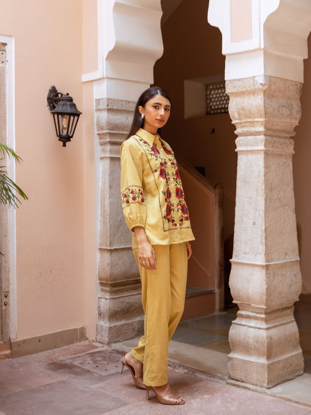 VEENA  YELLOW FLORENZA EMBROIDERED CO-ORD SET
