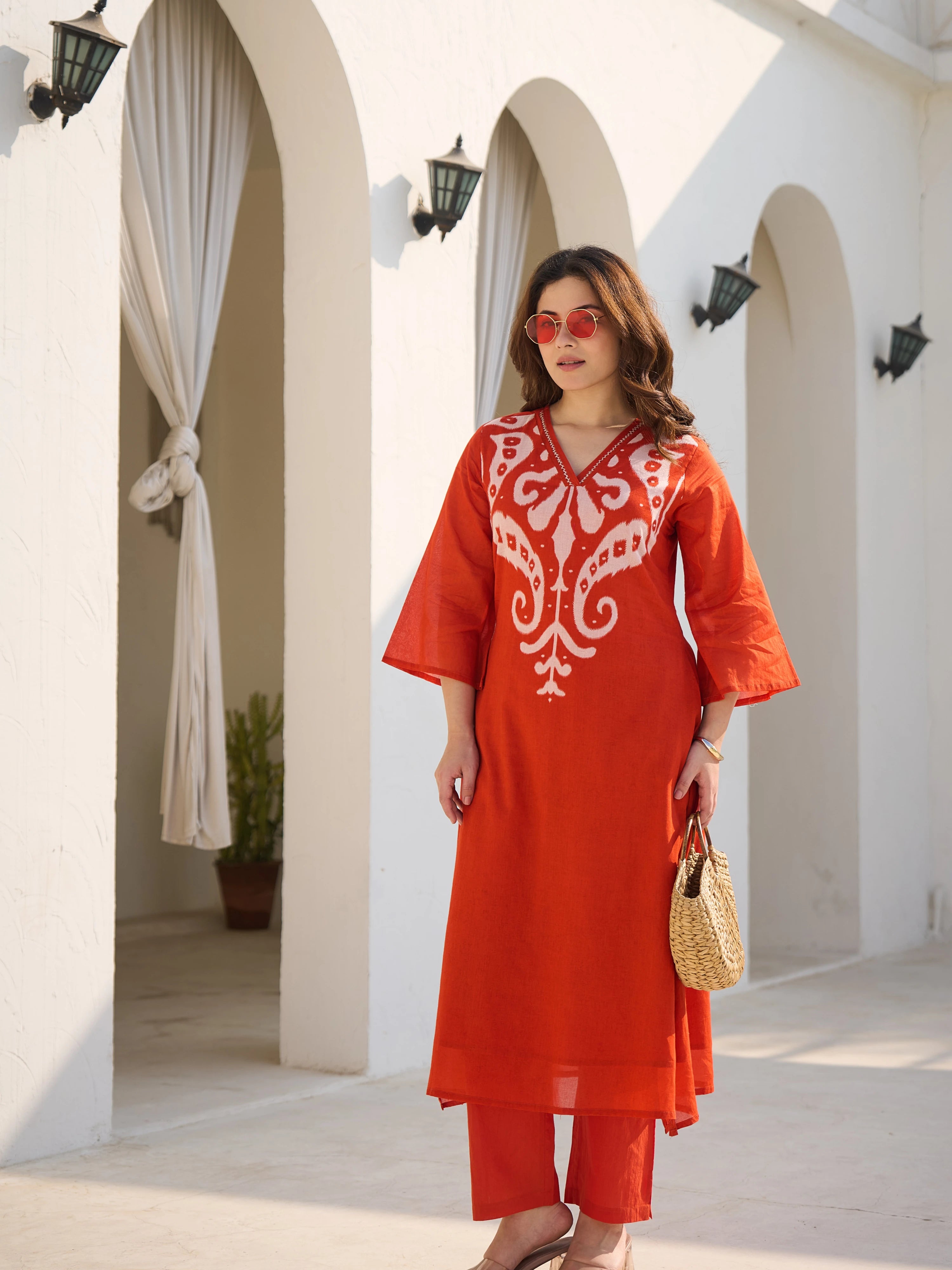 ORANGE IKAT PRINTED A-LINE KURTA SET