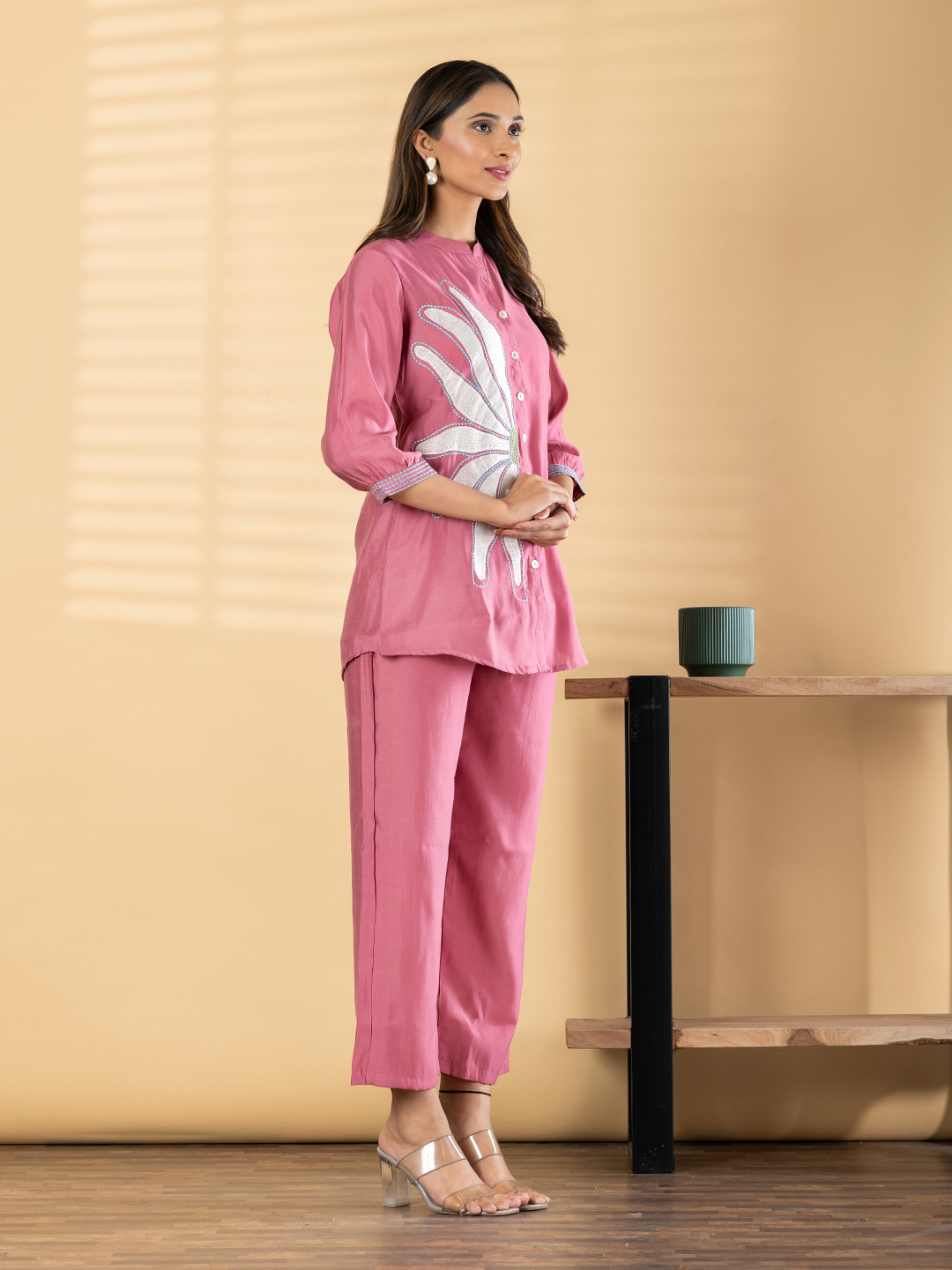ROSE PINK FLORAL EMBROIDERED CO-ORD SET