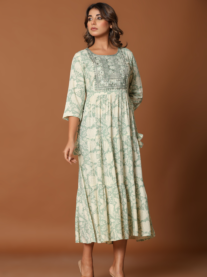 DIA EMBROIDERED FLARED PURE COTTON MAXI DRESS
