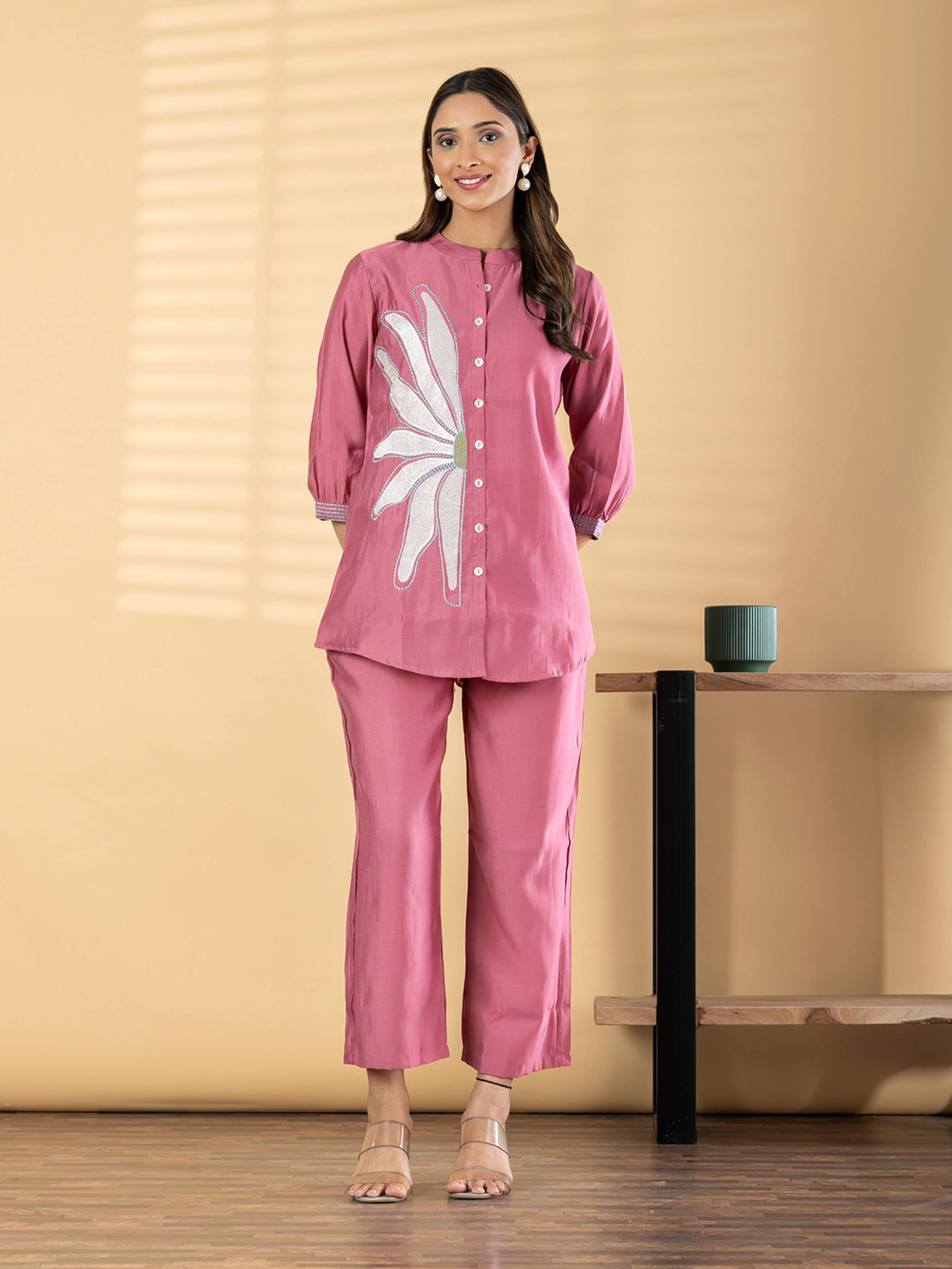 ROSE PINK FLORAL EMBROIDERED CO-ORD SET