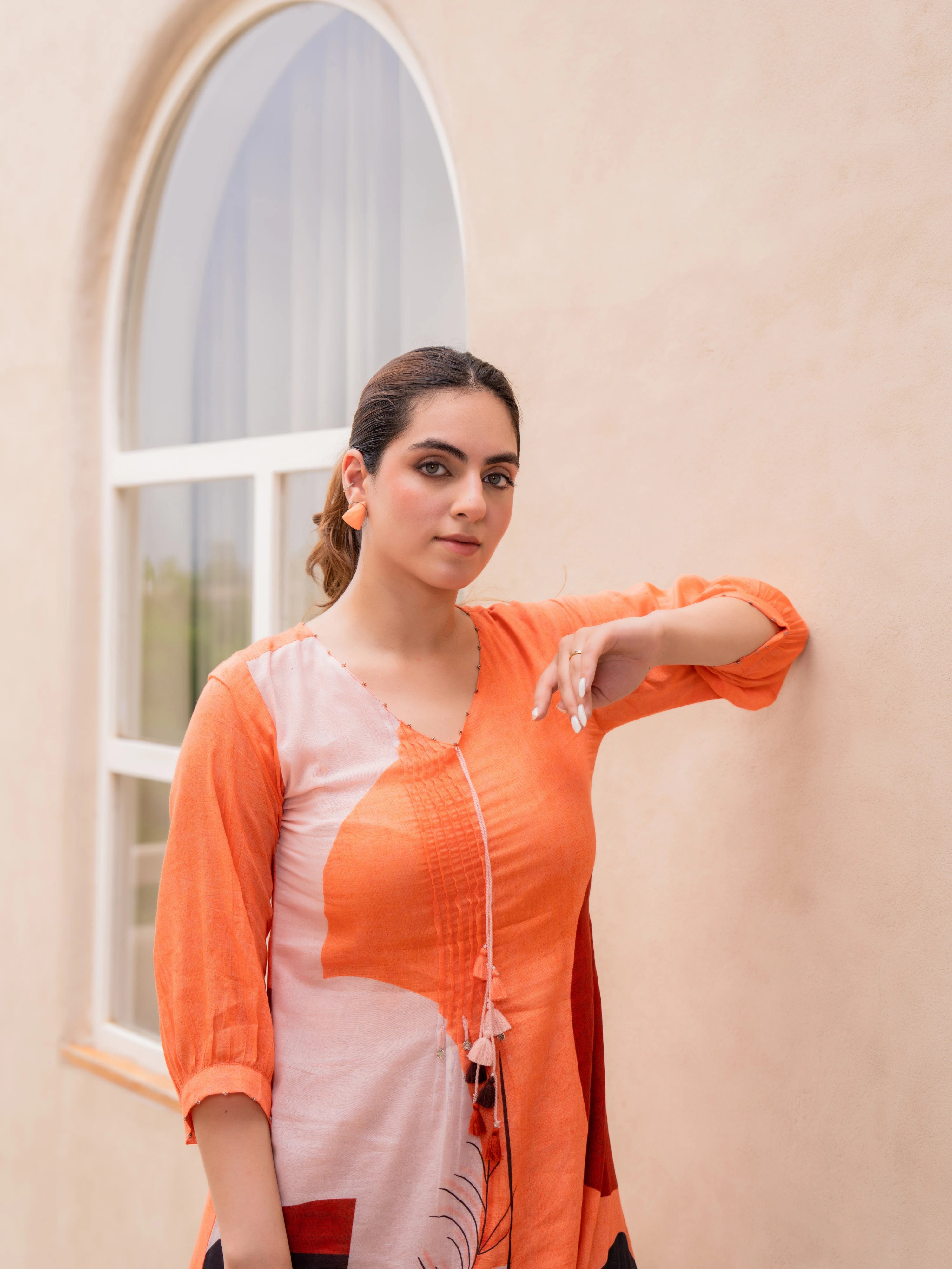 ORANGE ABSTRACT PRINTED A-LINE KURTA SET