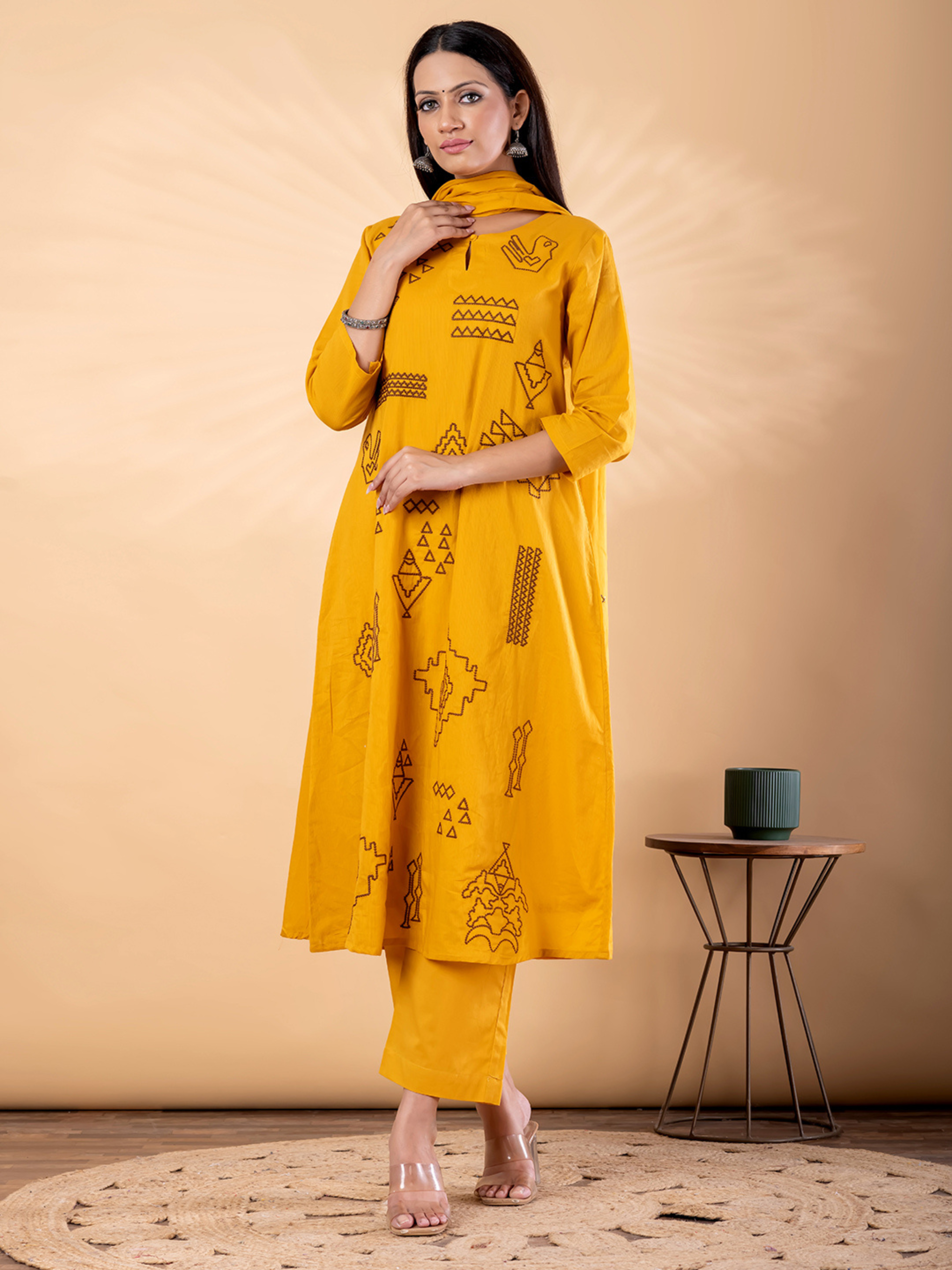 MUSTARD YELLOW TRIBAL EMBROIDERED SUIT SET