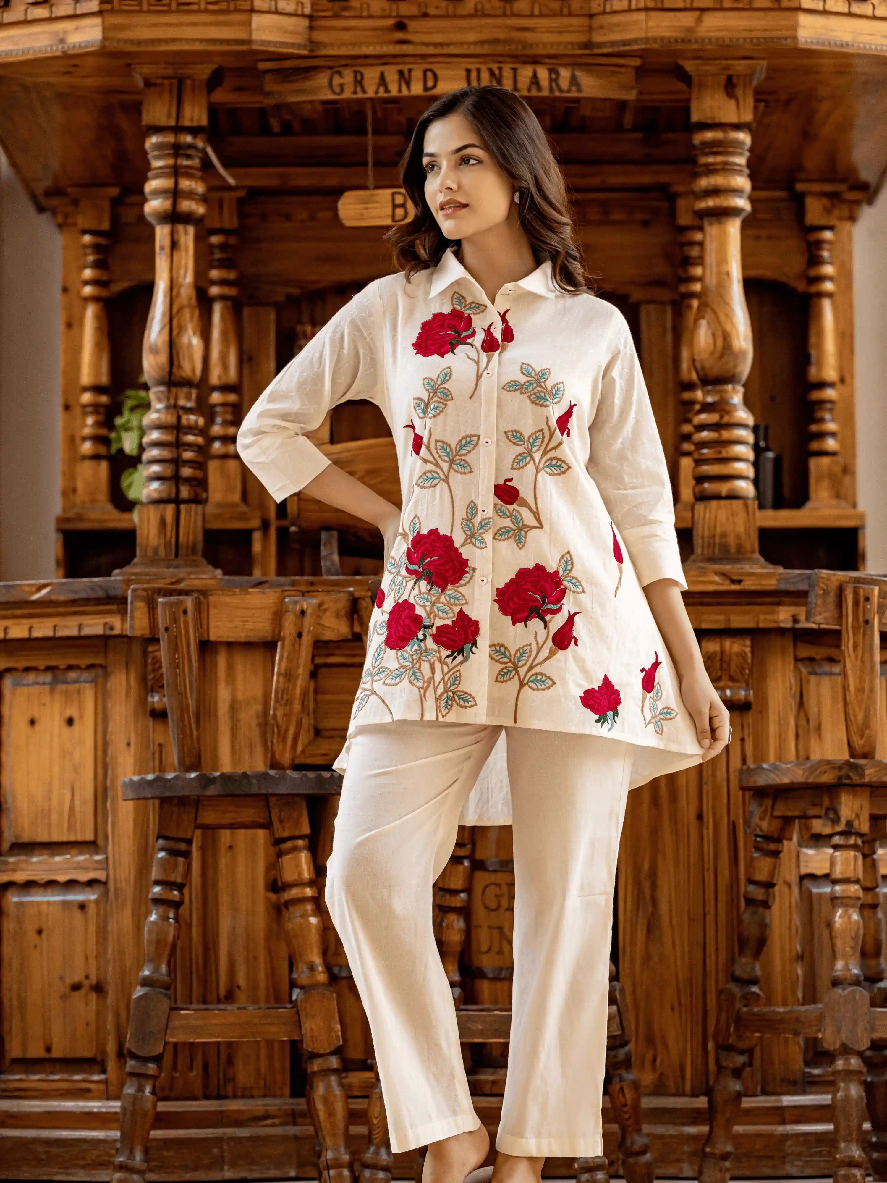 IVORY FLORAL EMBROIDERED HIGH-LOW CO-ORD SET