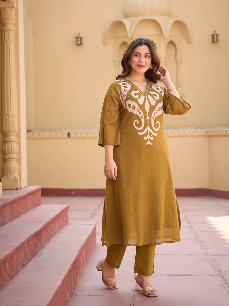 OLIVE HERITAGE EMBROIDERED PURE MUL COTTON KURTA SET