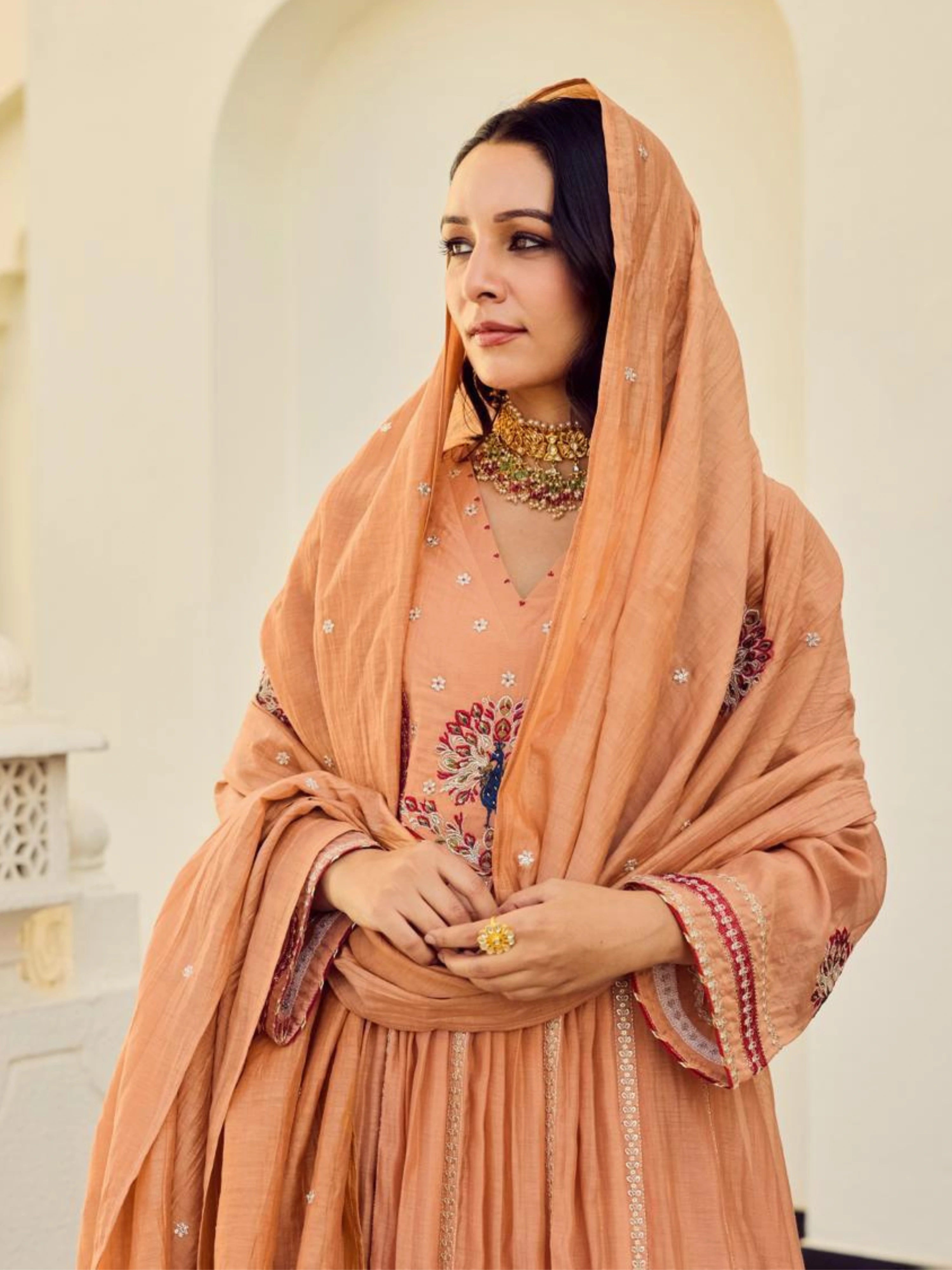 PEACH BLOSSOM EMBROIDERED ANARKALI SUIT SET