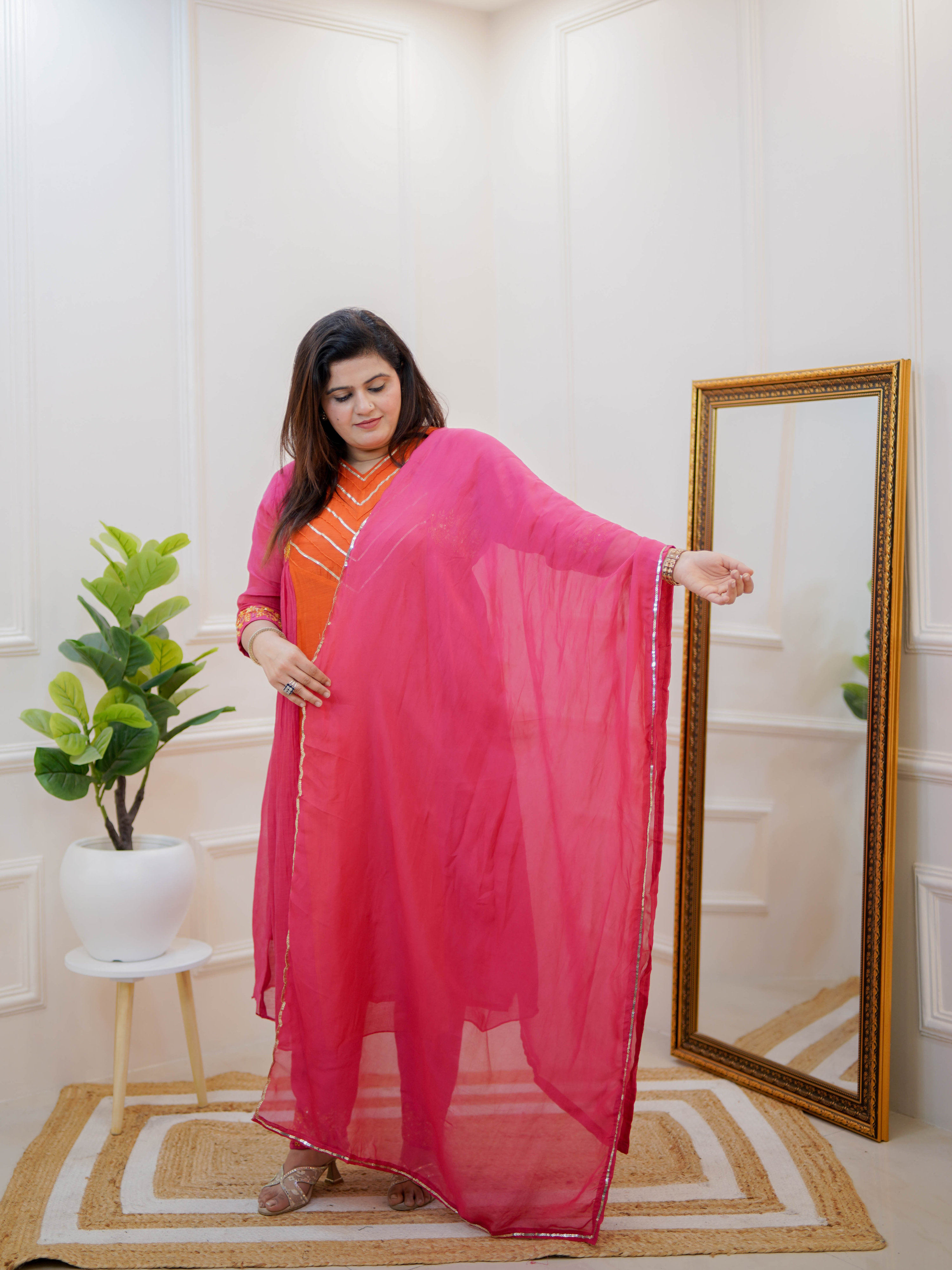 FUCHSIA PINK CHEVRON EMBROIDERED SUIT SET