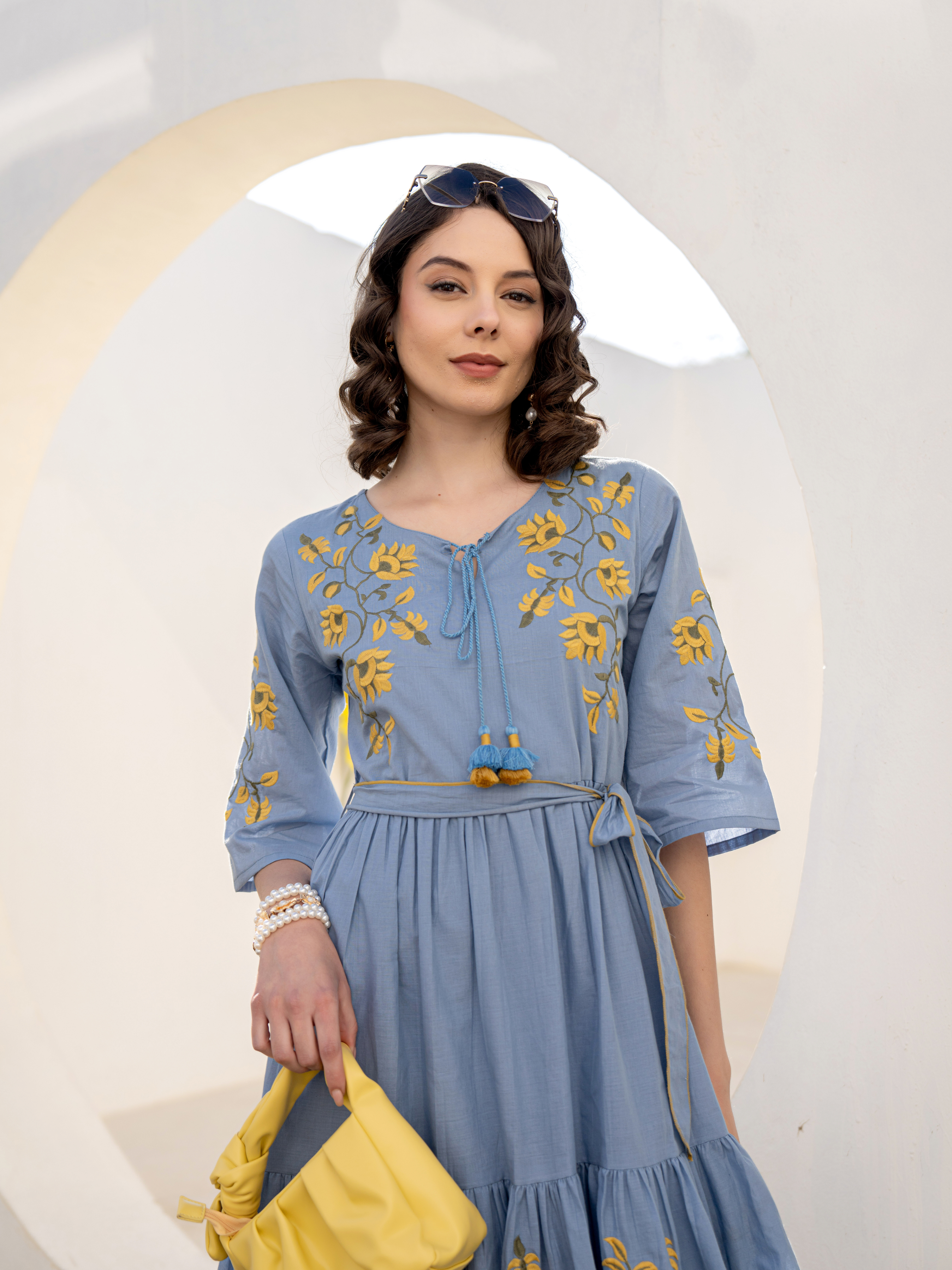 ZEHRA BLUE SUNFLOWER THREADWORK DRESS