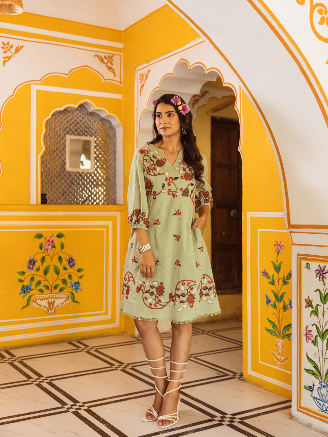 JAYA MINT GREEN FLORAL EMBROIDERED DRESS