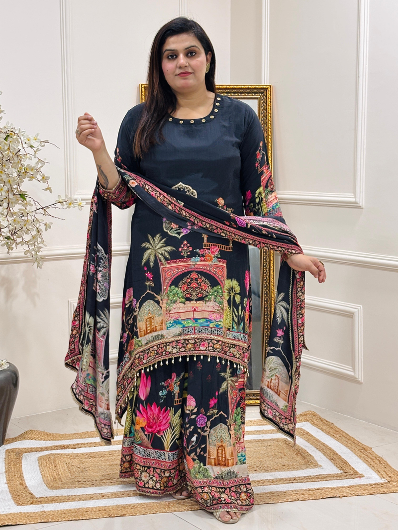 ZARA C-CUT DIGITAL ZARI WORK PURE CREPE SHARARA SUIT SET