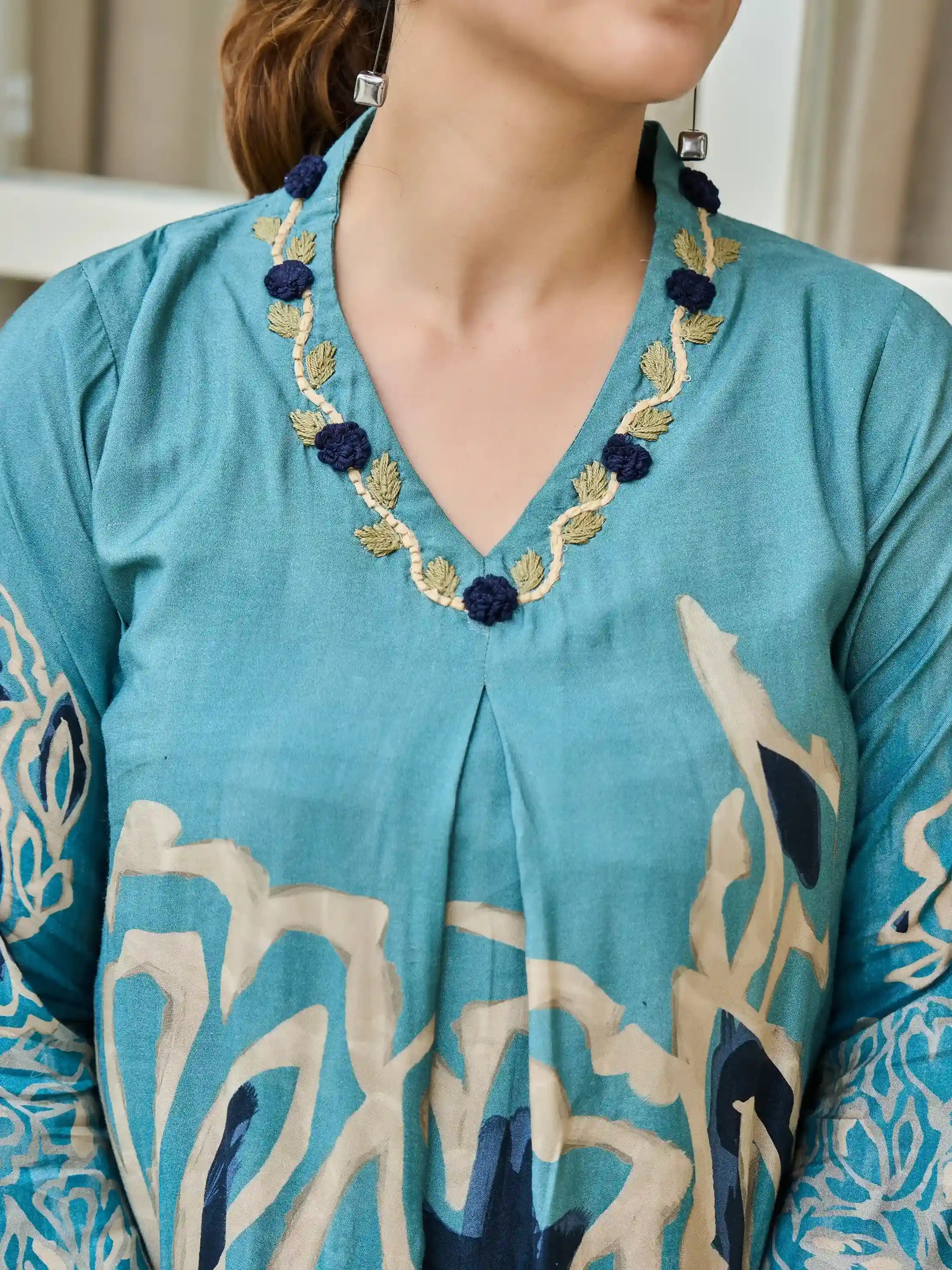TEAL BLUE ABSTRACT THREAD WORK A-LINE KURTA SET