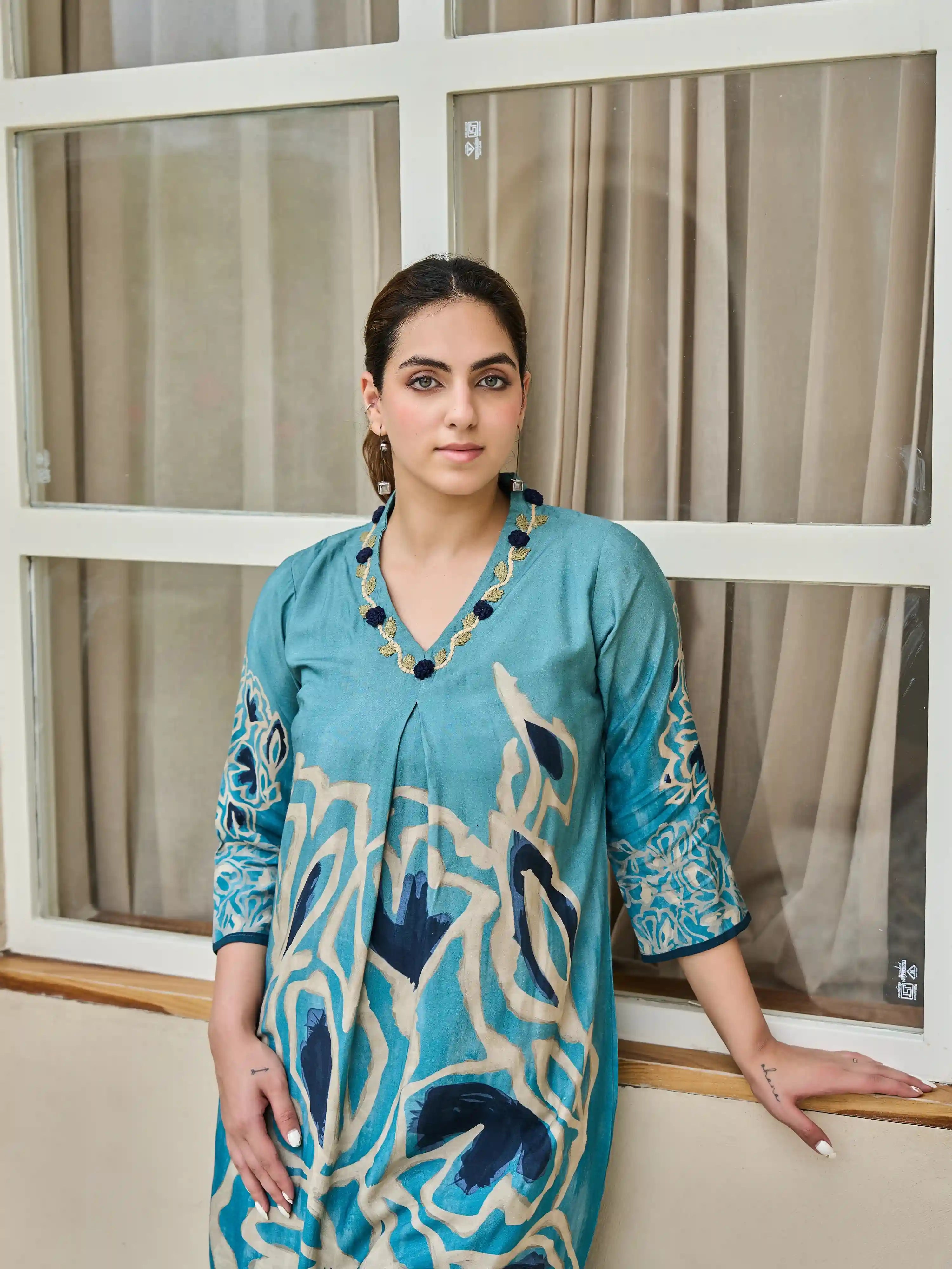 TEAL BLUE ABSTRACT THREAD WORK A-LINE KURTA SET