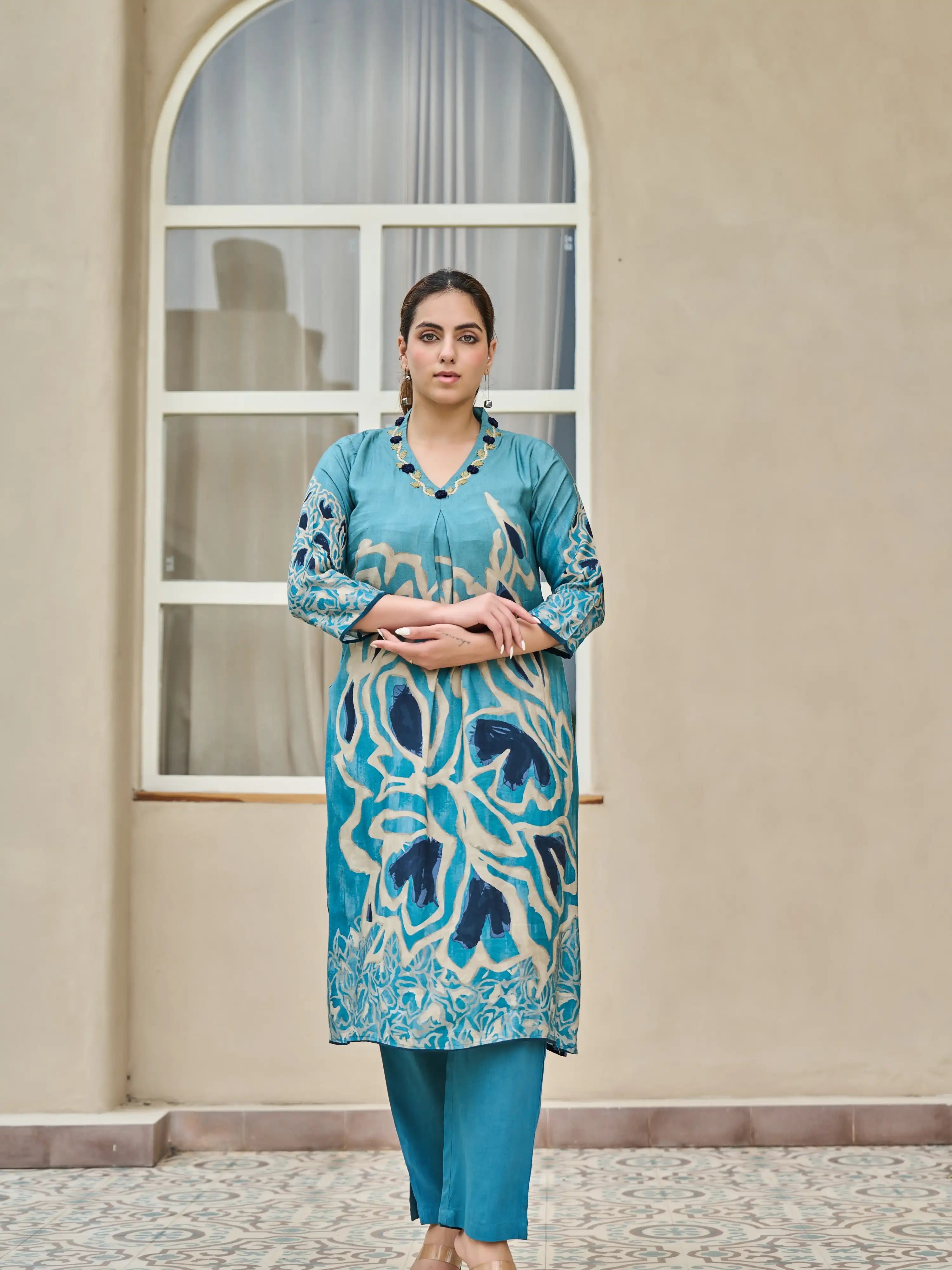 TEAL BLUE ABSTRACT THREAD WORK A-LINE KURTA SET