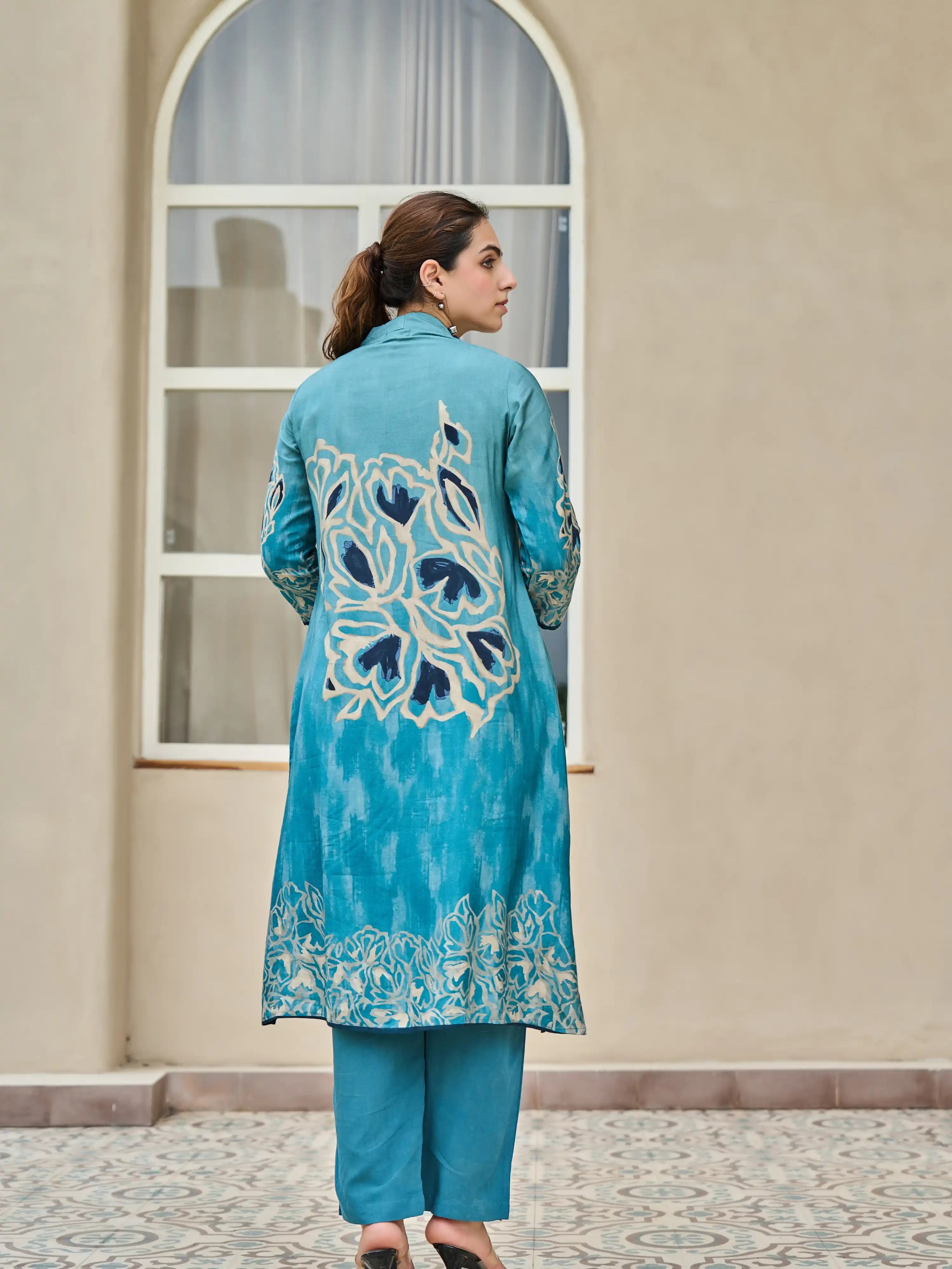 TEAL BLUE ABSTRACT THREAD WORK A-LINE KURTA SET