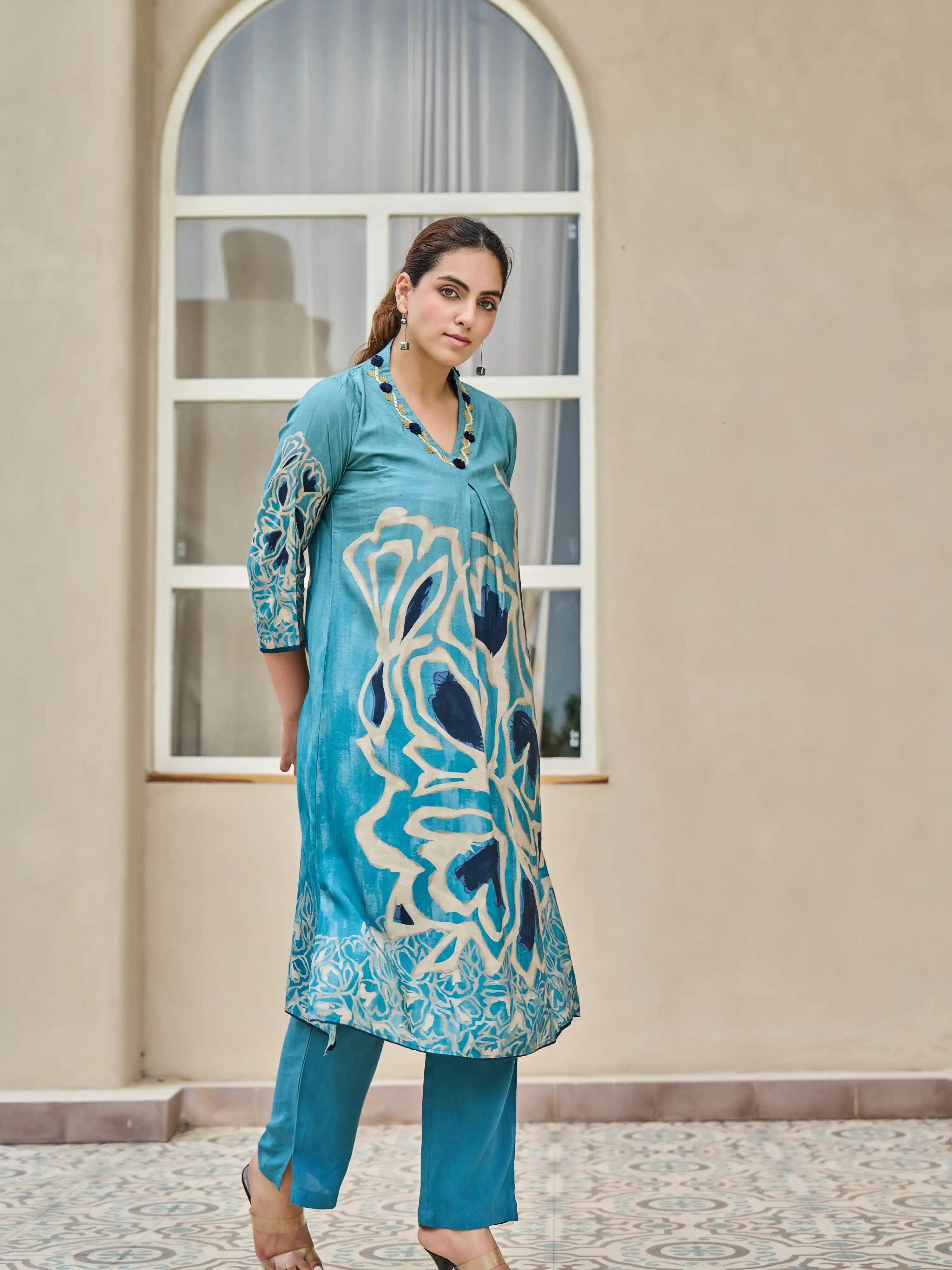TEAL BLUE ABSTRACT THREAD WORK A-LINE KURTA SET
