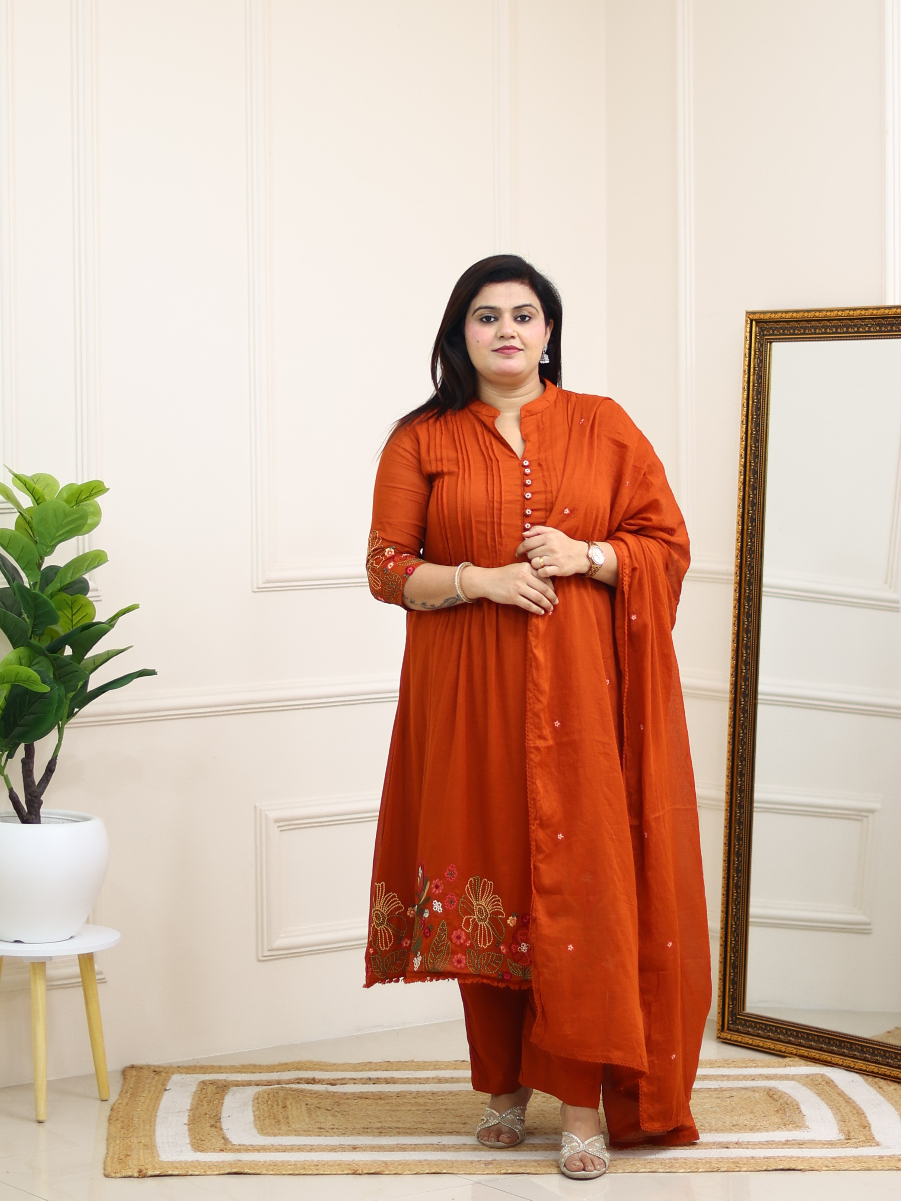 RUST ORANGE EMBROIDERED SUIT SET