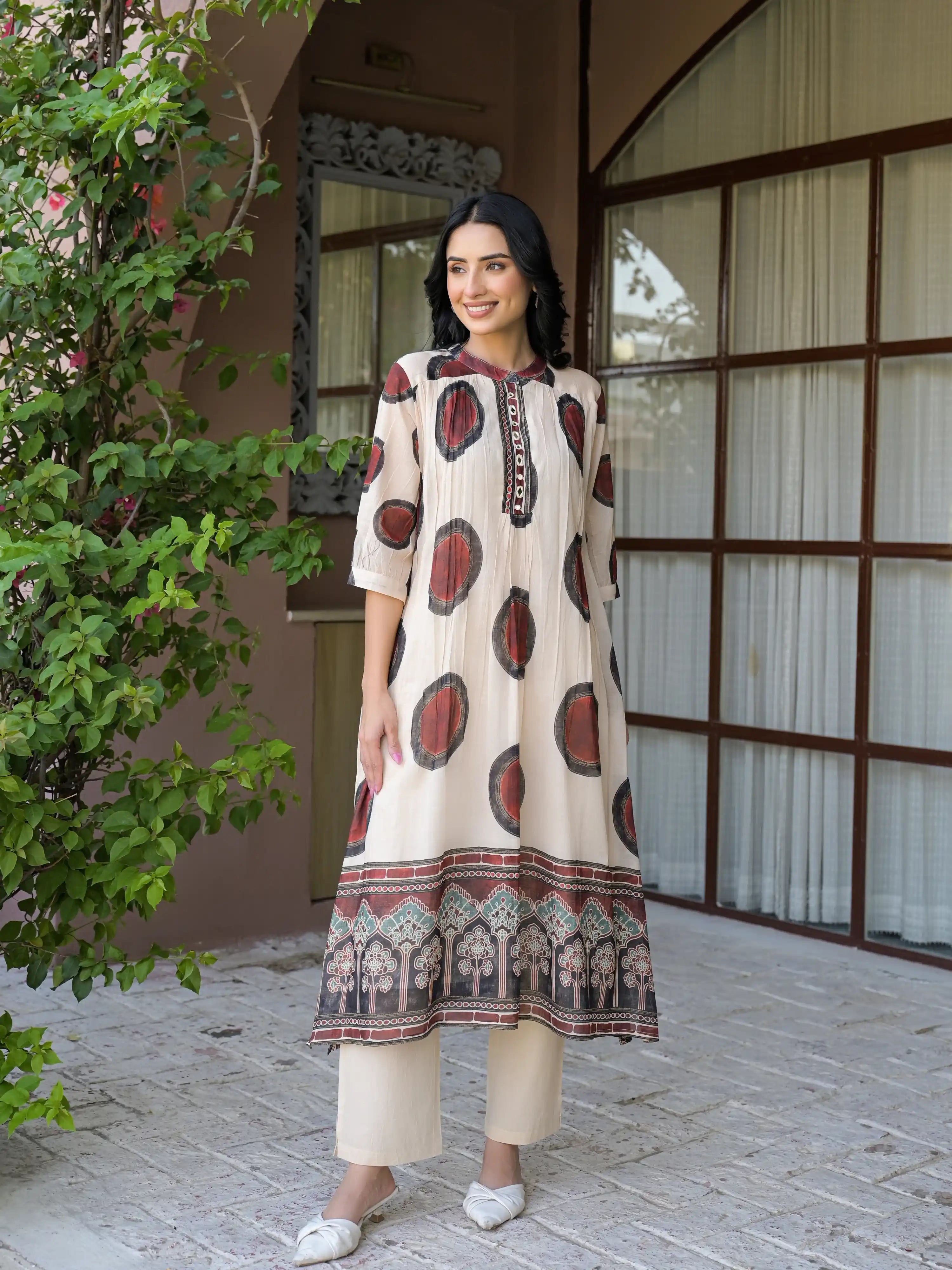 DESERT ART PRINTED FLARED PURE MUL COTTON KURTA SET