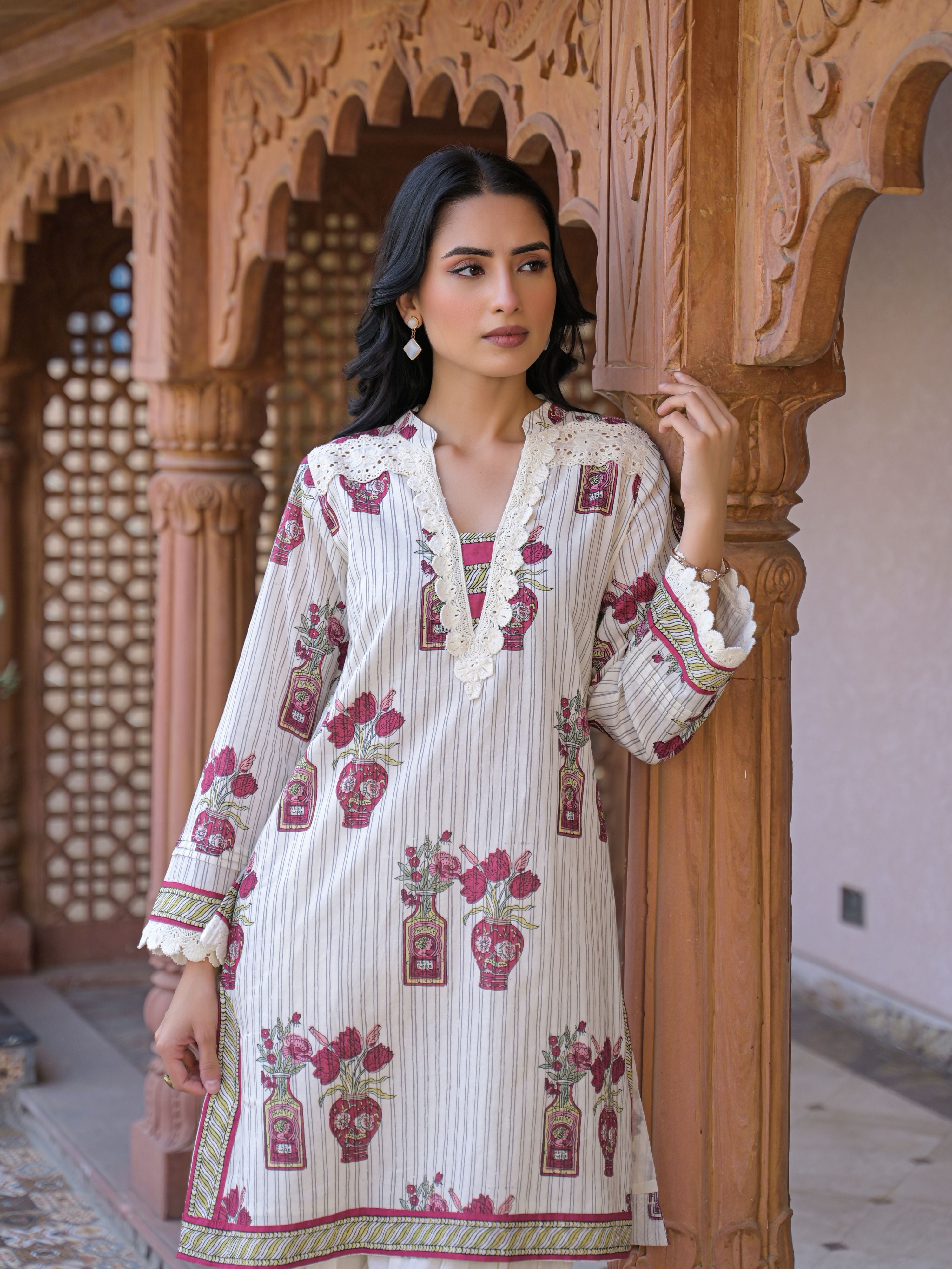 ROSE IVORY HERITAGE LACE WORK PURE COTTON FARSHI SUIT