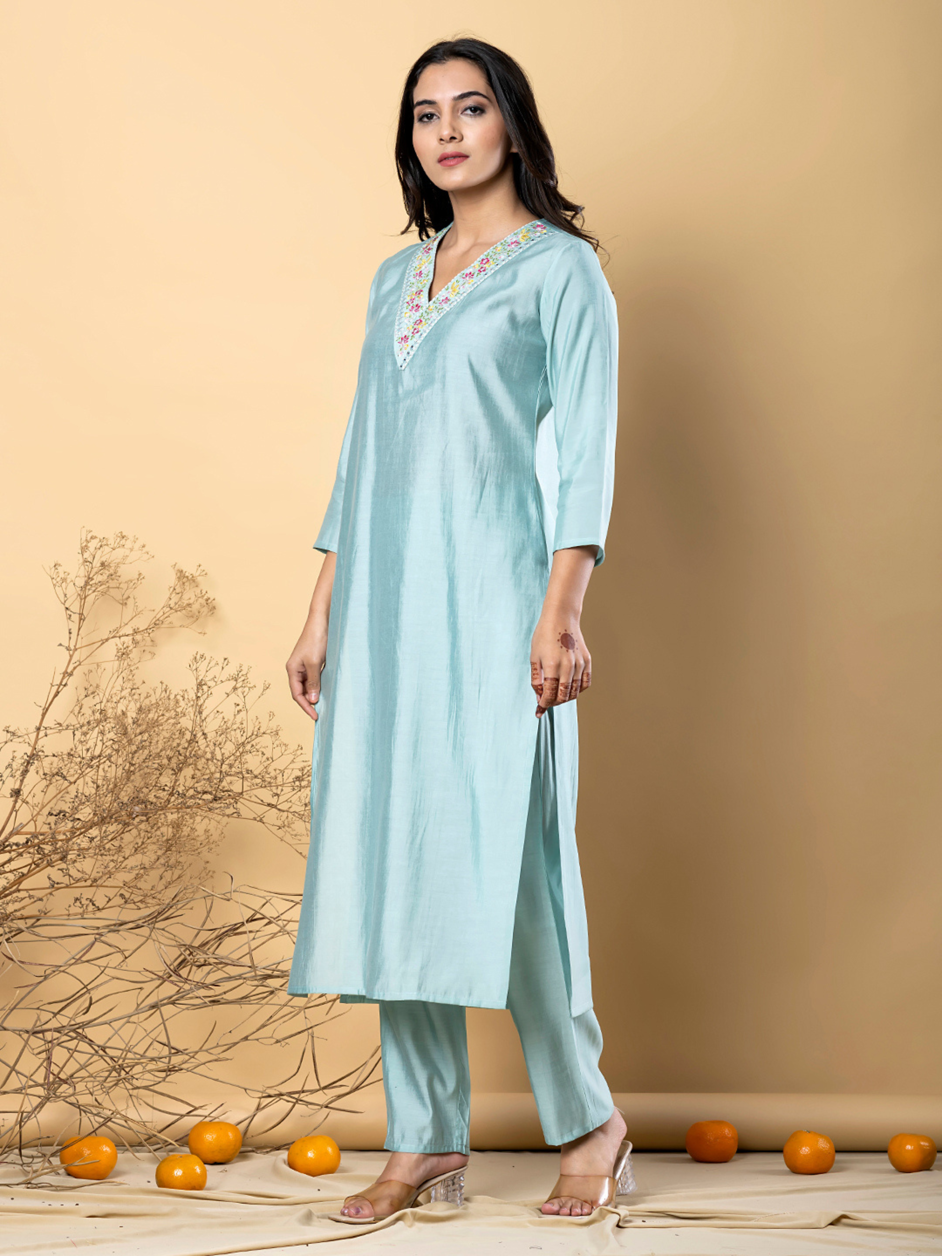 PASTEL SEA GREEN V-NECK EMBROIDERED KURTA SET