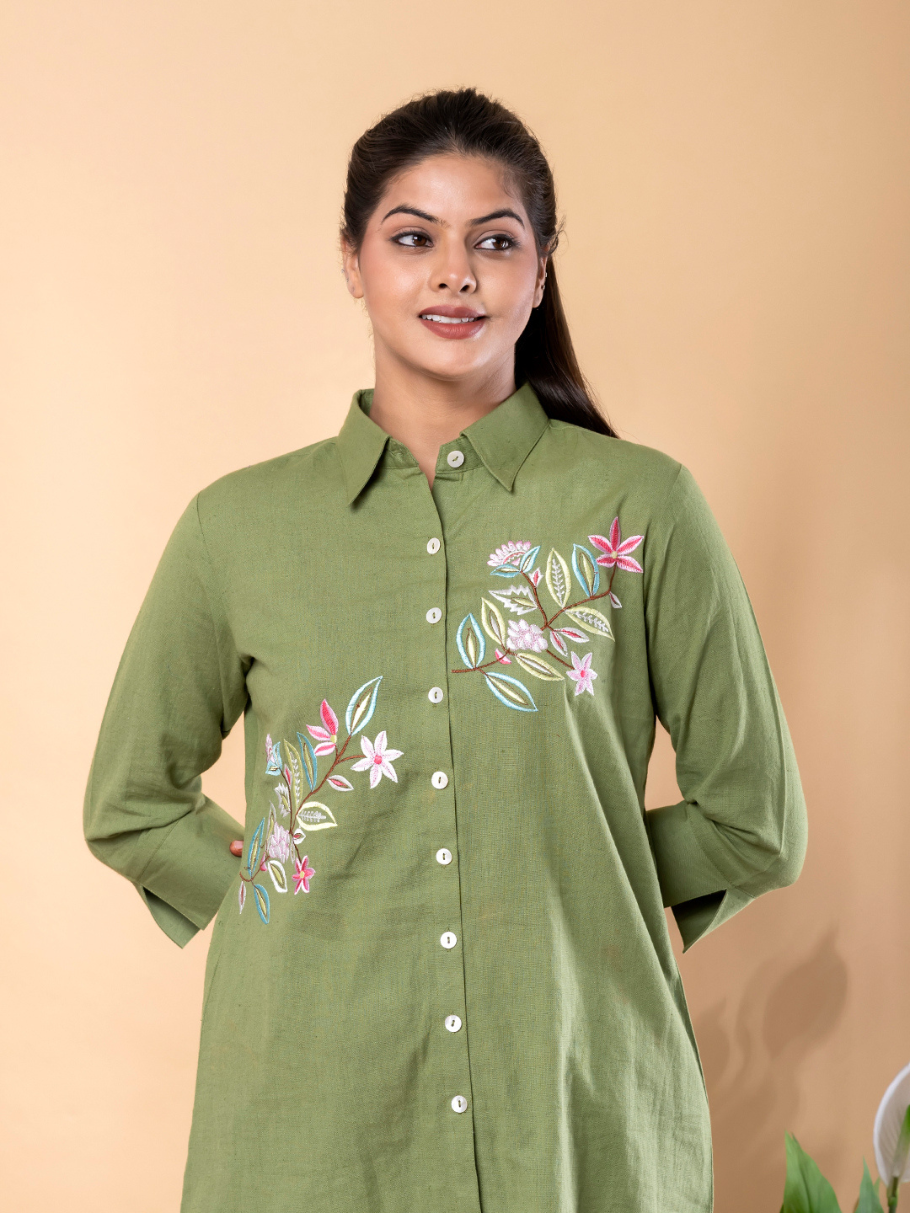 OLIVE GREEN FLORAL EMBROIDERED CO-ORD SET