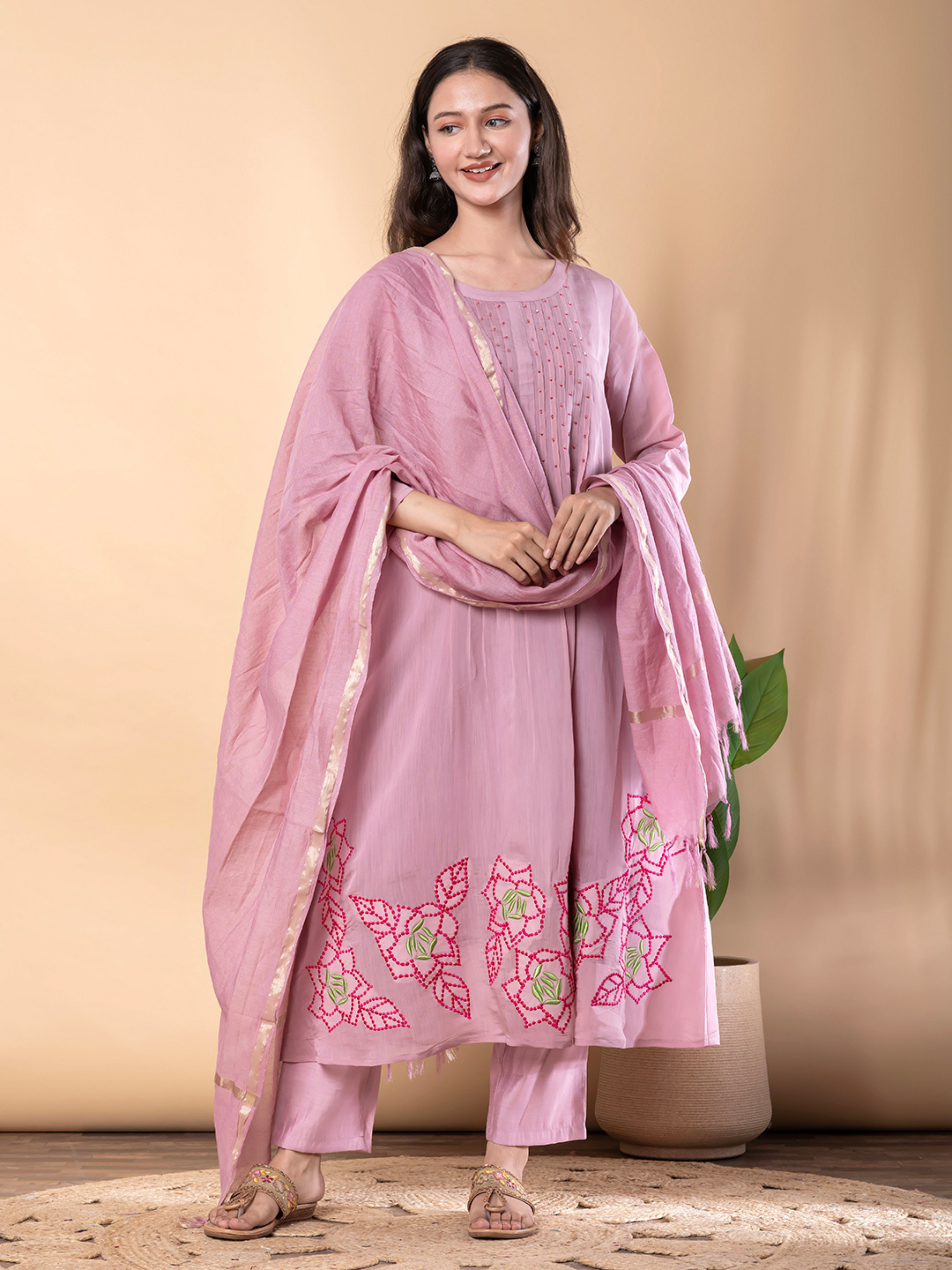 ELEGANT DUSTY PINK FLORAL EMBROIDERED SUIT SET