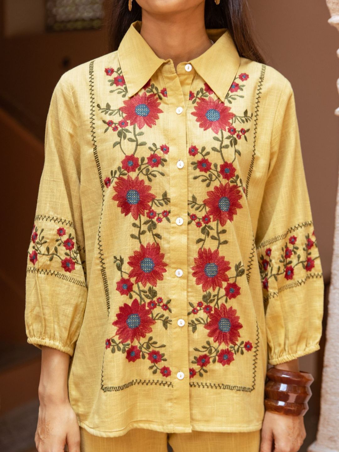 VEENA  YELLOW FLORENZA EMBROIDERED CO-ORD SET