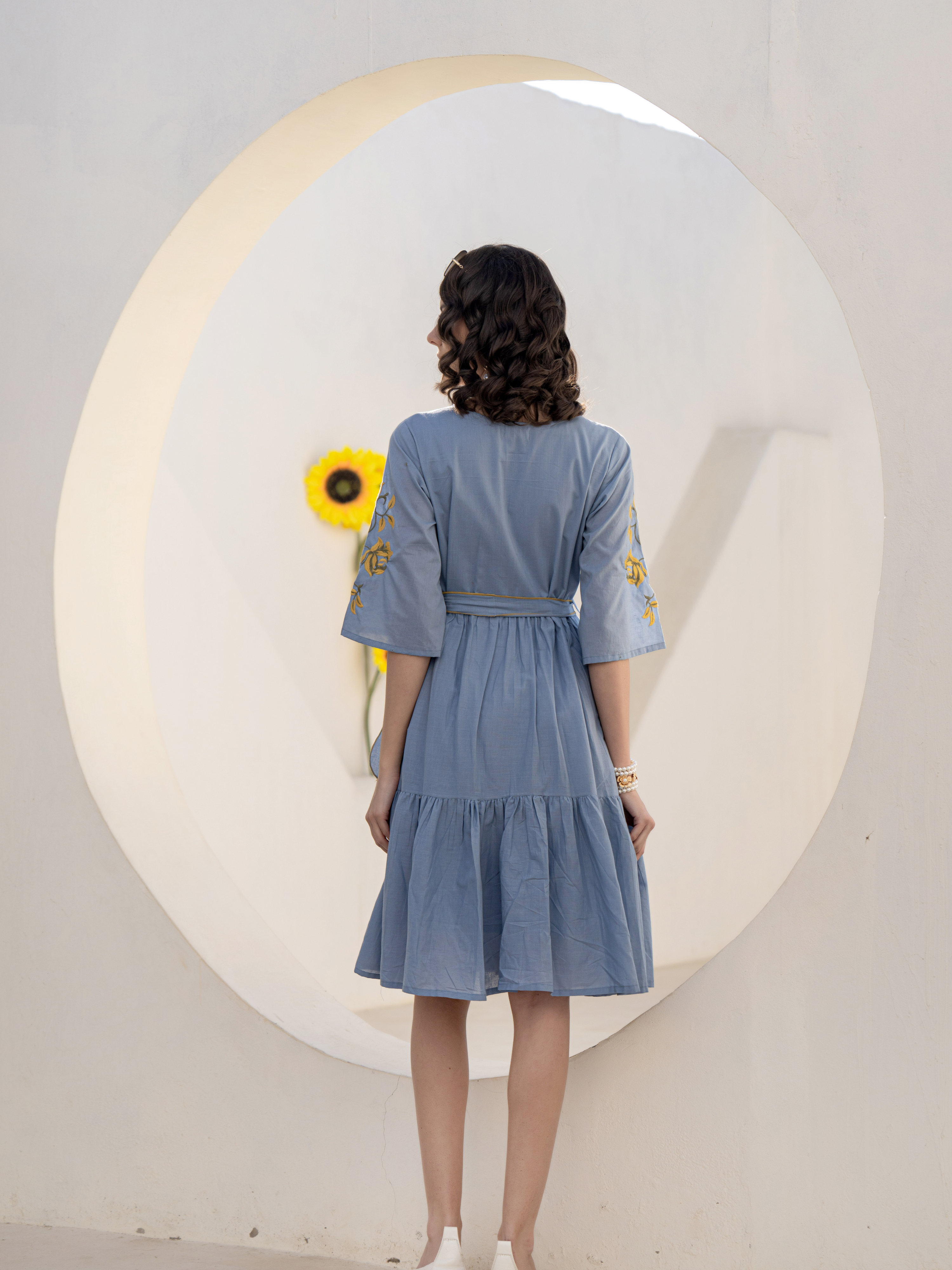 ZEHRA BLUE SUNFLOWER THREADWORK DRESS