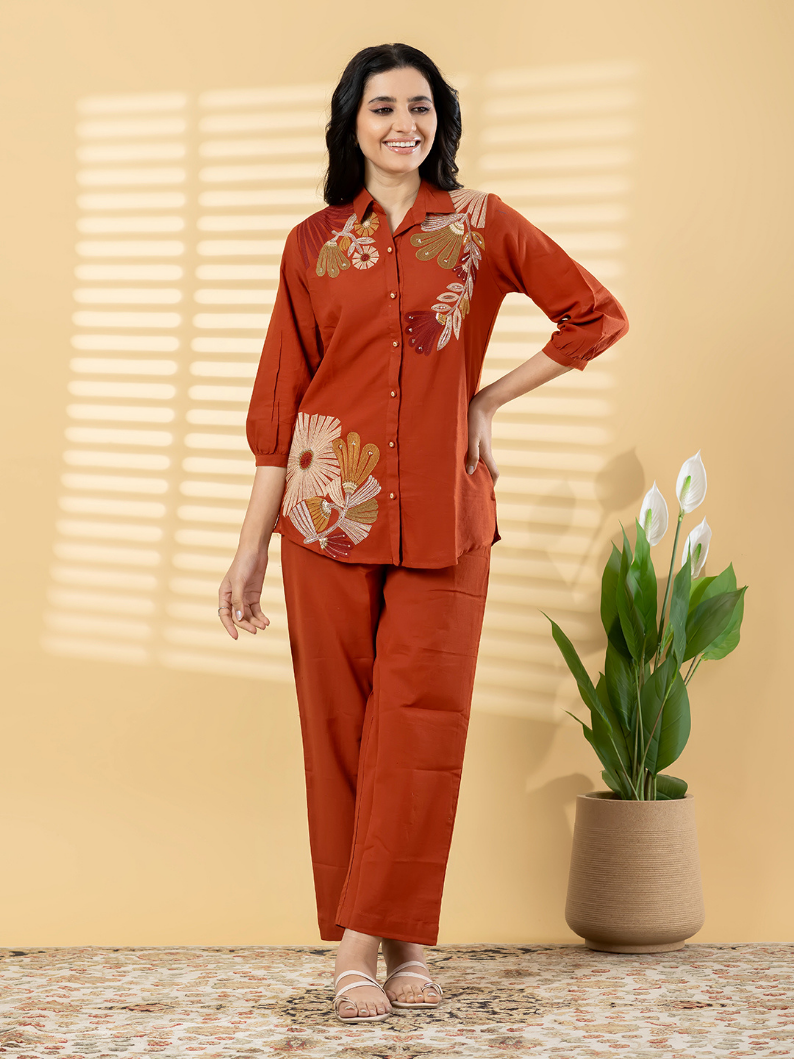 RUST ORANGE FLORAL EMBROIDERED CO-ORD SET