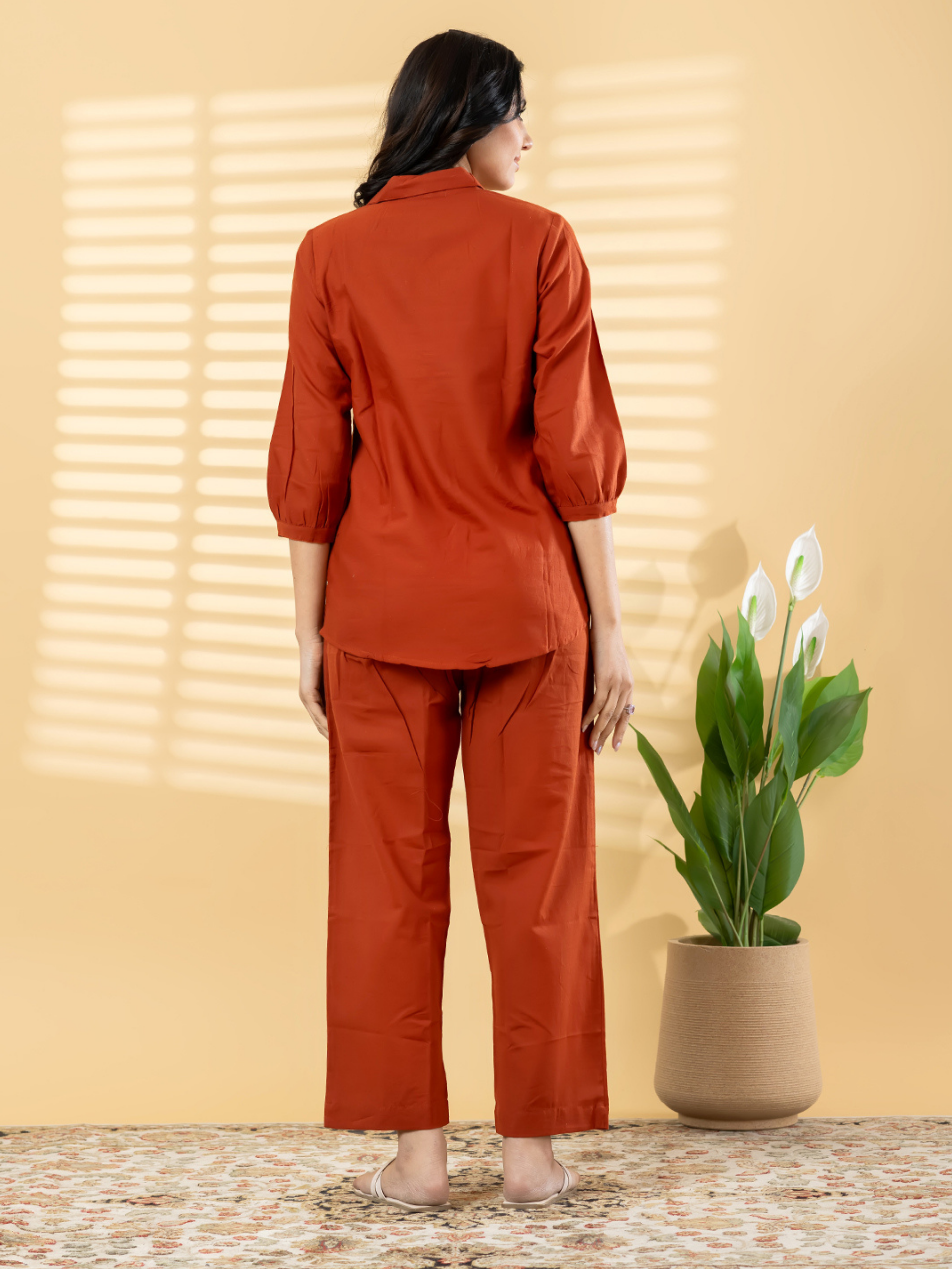 RUST ORANGE FLORAL EMBROIDERED CO-ORD SET