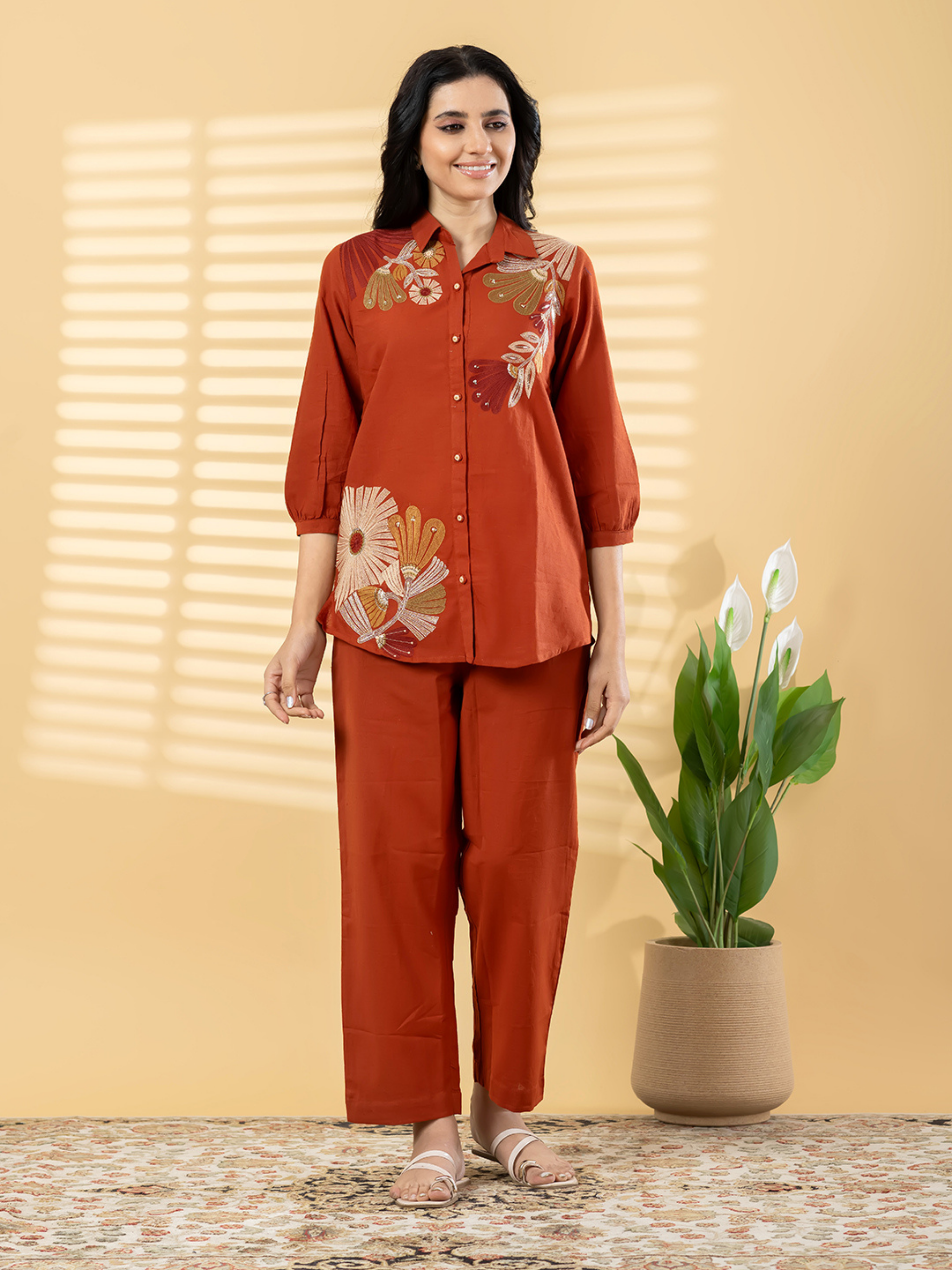 RUST ORANGE FLORAL EMBROIDERED CO-ORD SET