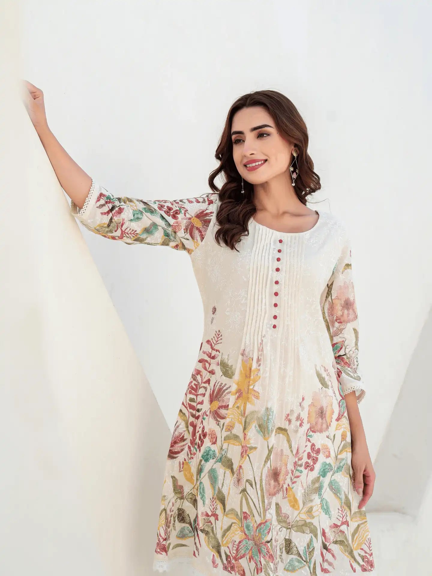 OFF WHITE FLORAL PRINTED A-LINE KURTA SET