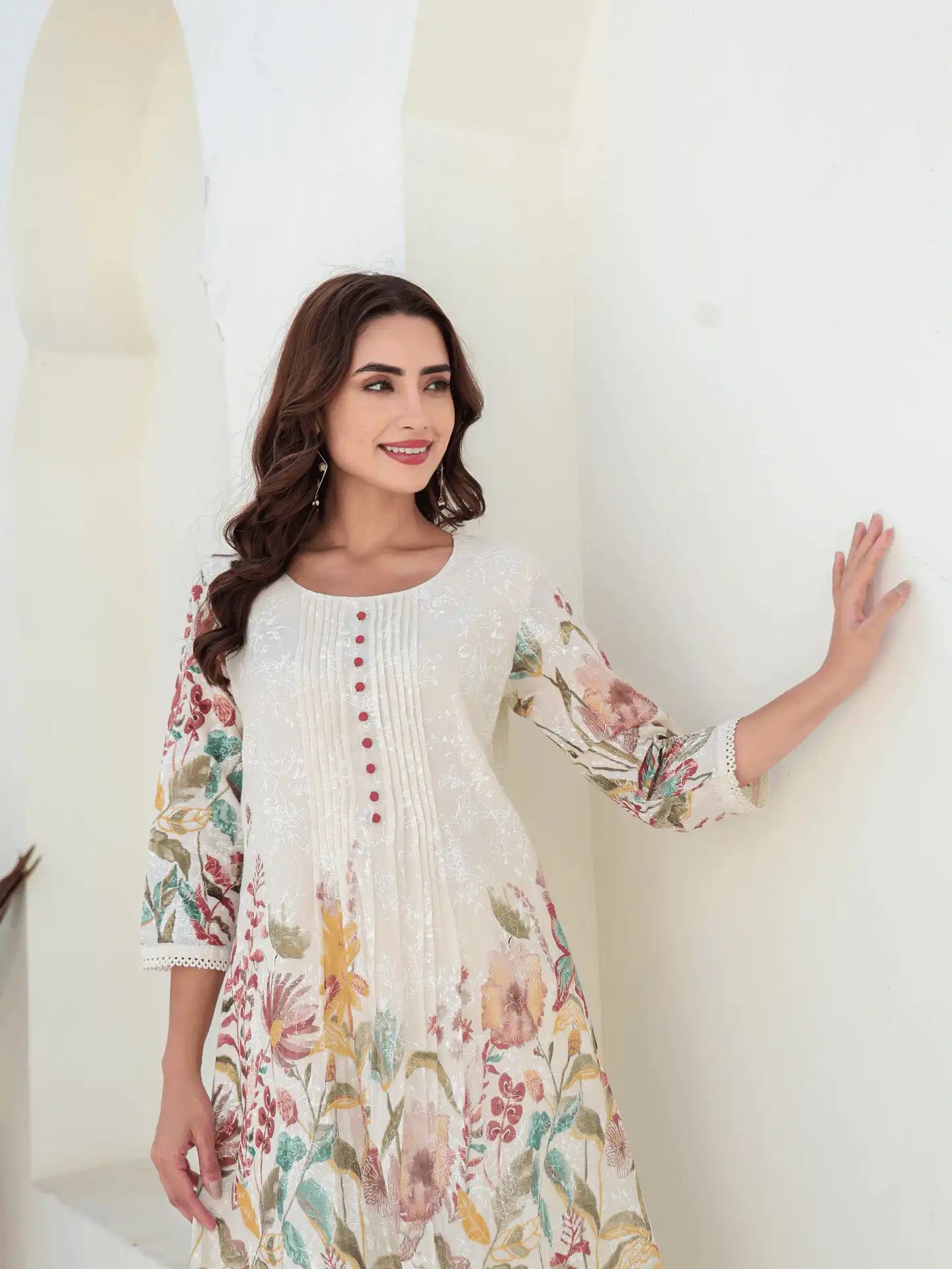OFF WHITE FLORAL PRINTED A-LINE KURTA SET