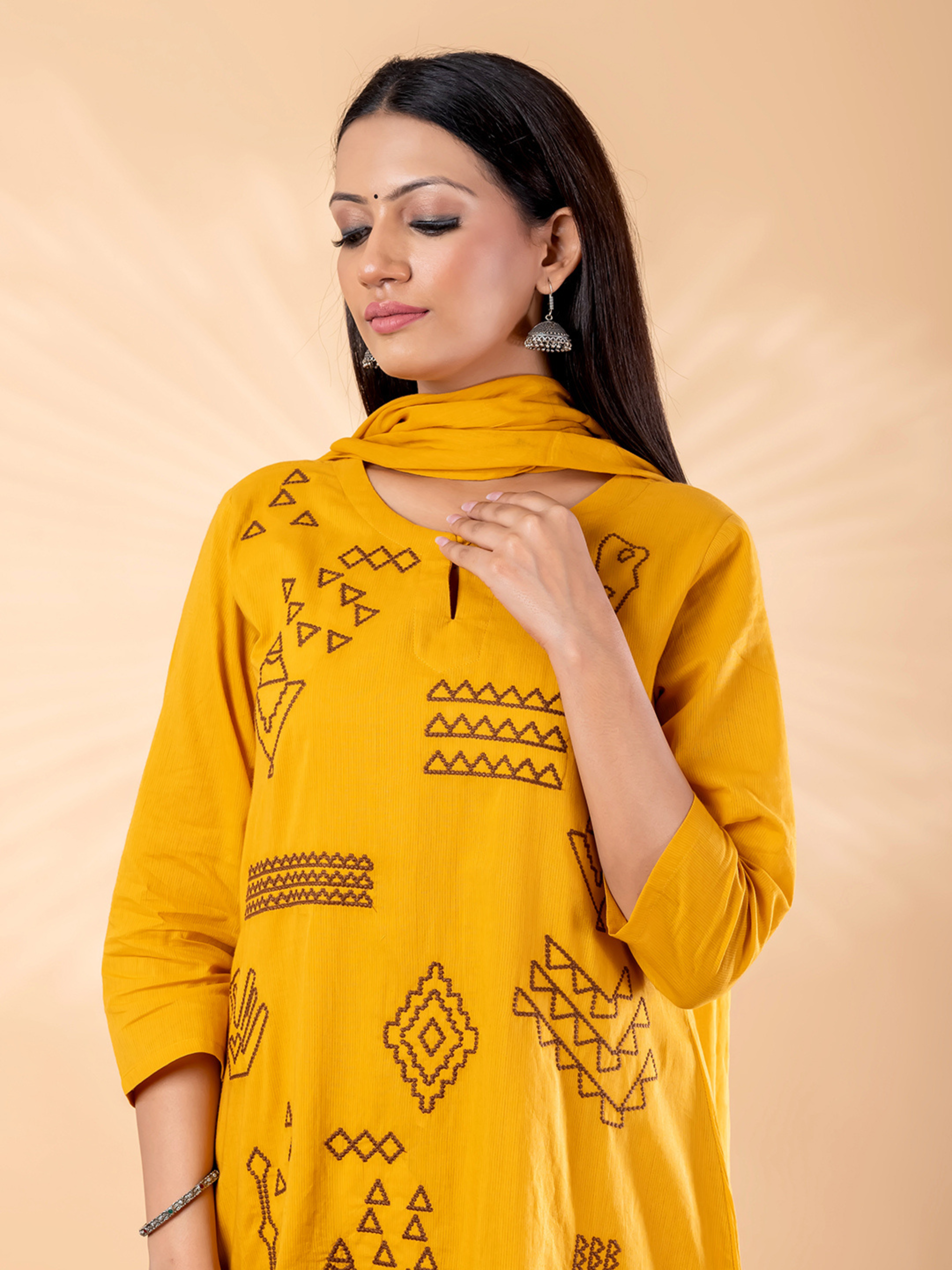 MUSTARD YELLOW TRIBAL EMBROIDERED SUIT SET
