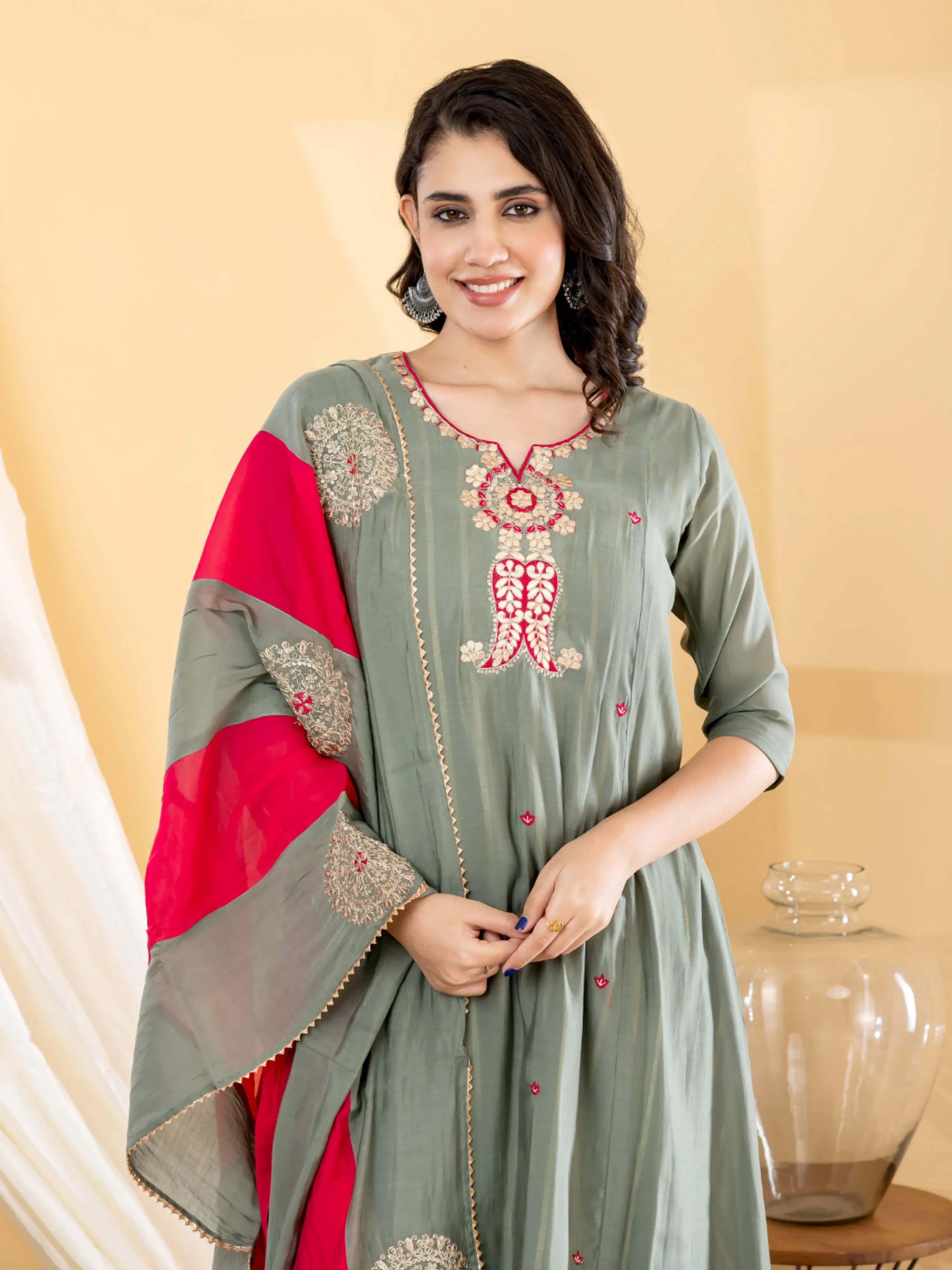 OLIVE BLOOM EMBROIDERED PURE BANARSI MUL CHANDERI SUIT SET