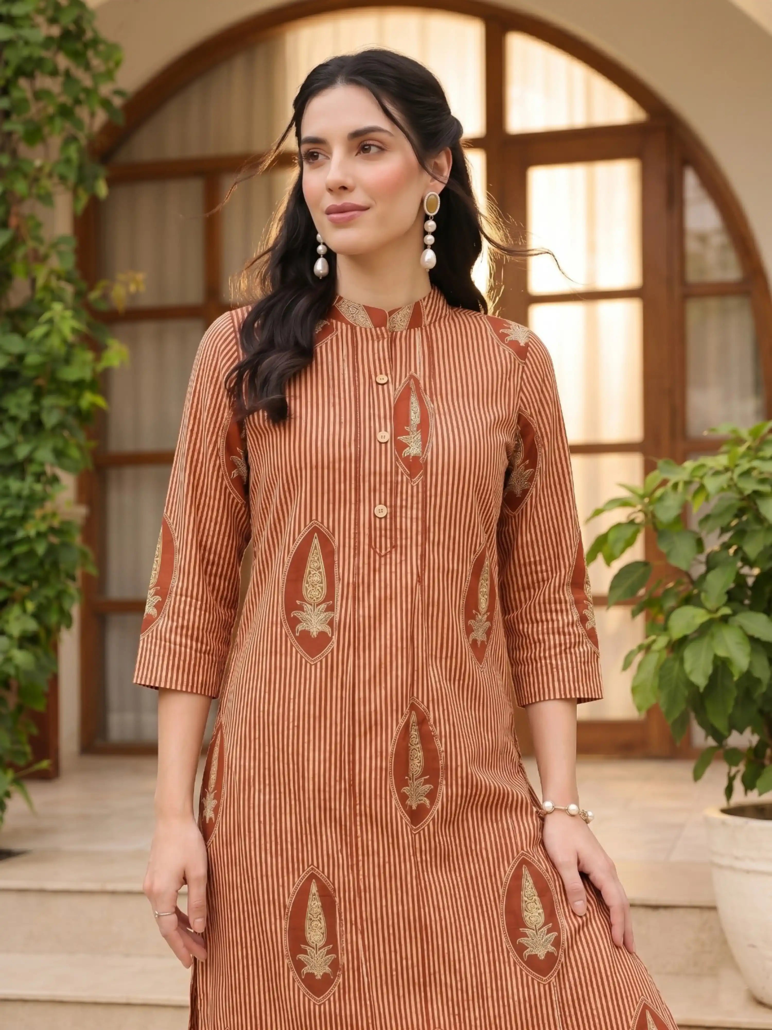 SANDALWOOD STRIPE PURE COTTON KURTA SET