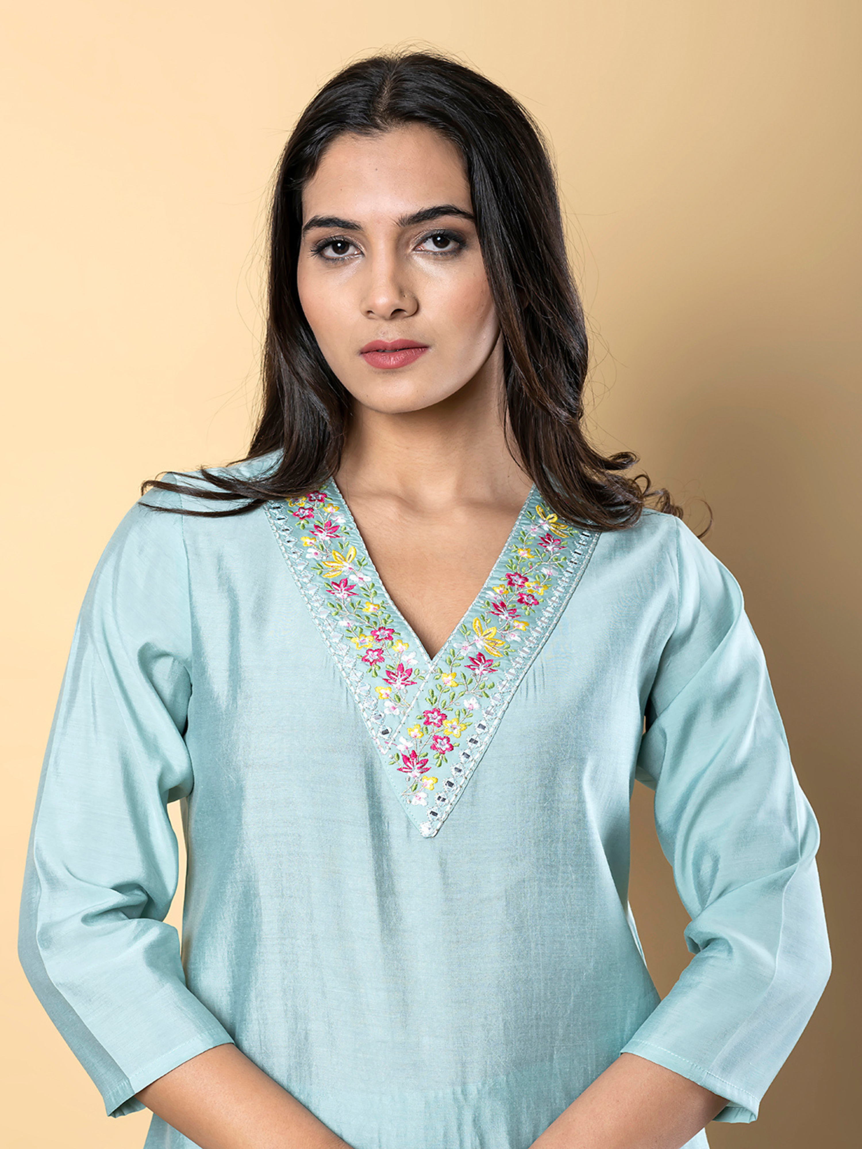 PASTEL SEA GREEN V-NECK EMBROIDERED KURTA SET