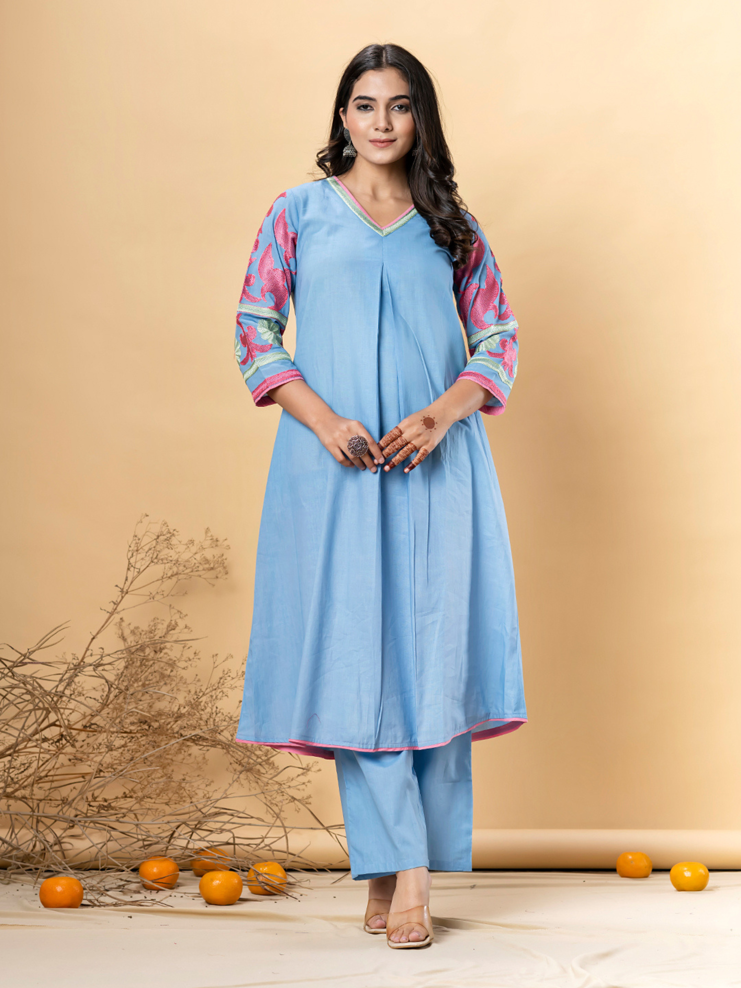 SKY BLUE EMBROIDERED A-LINE KURTA SET