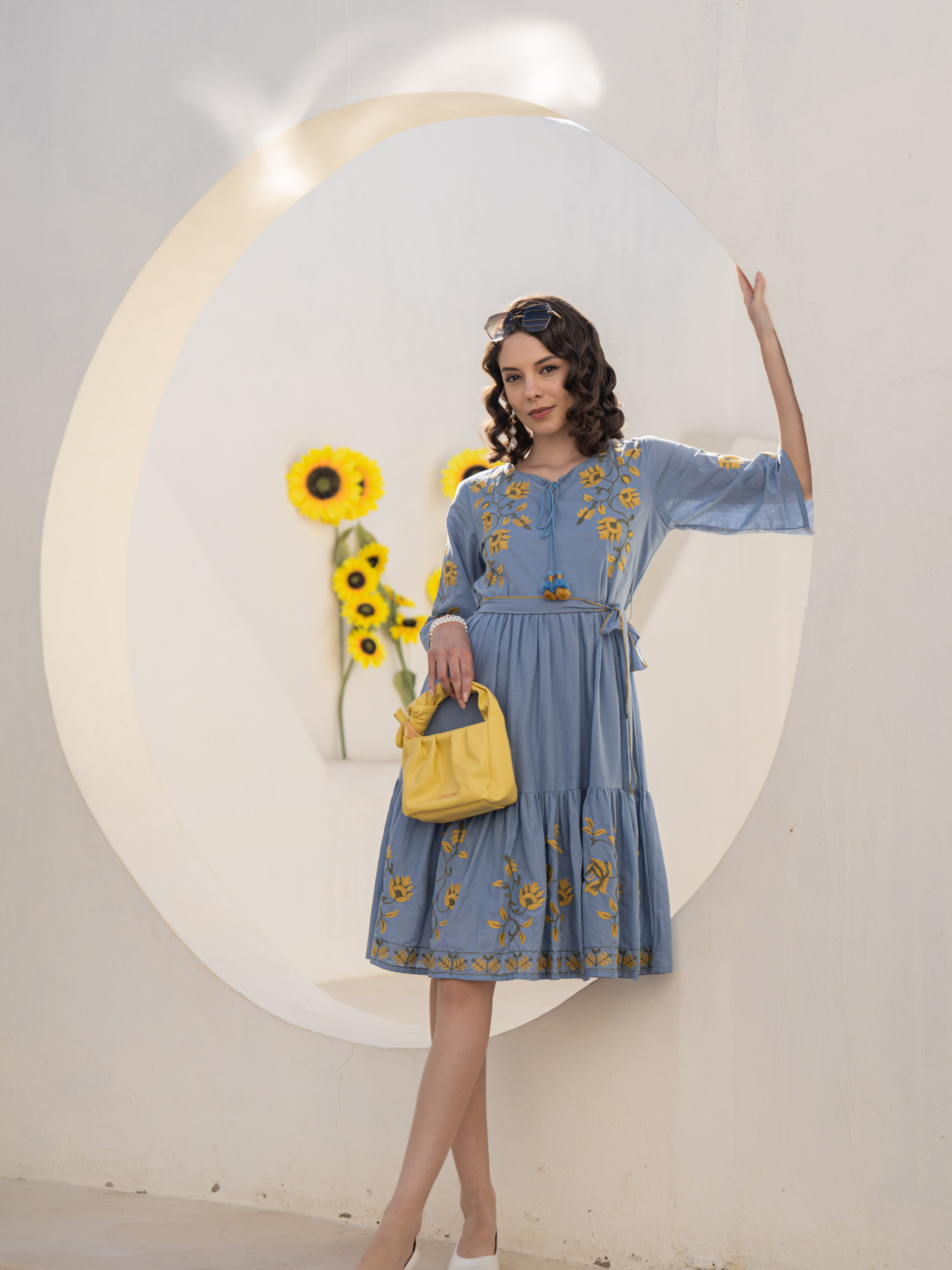 ZEHRA BLUE SUNFLOWER THREADWORK DRESS