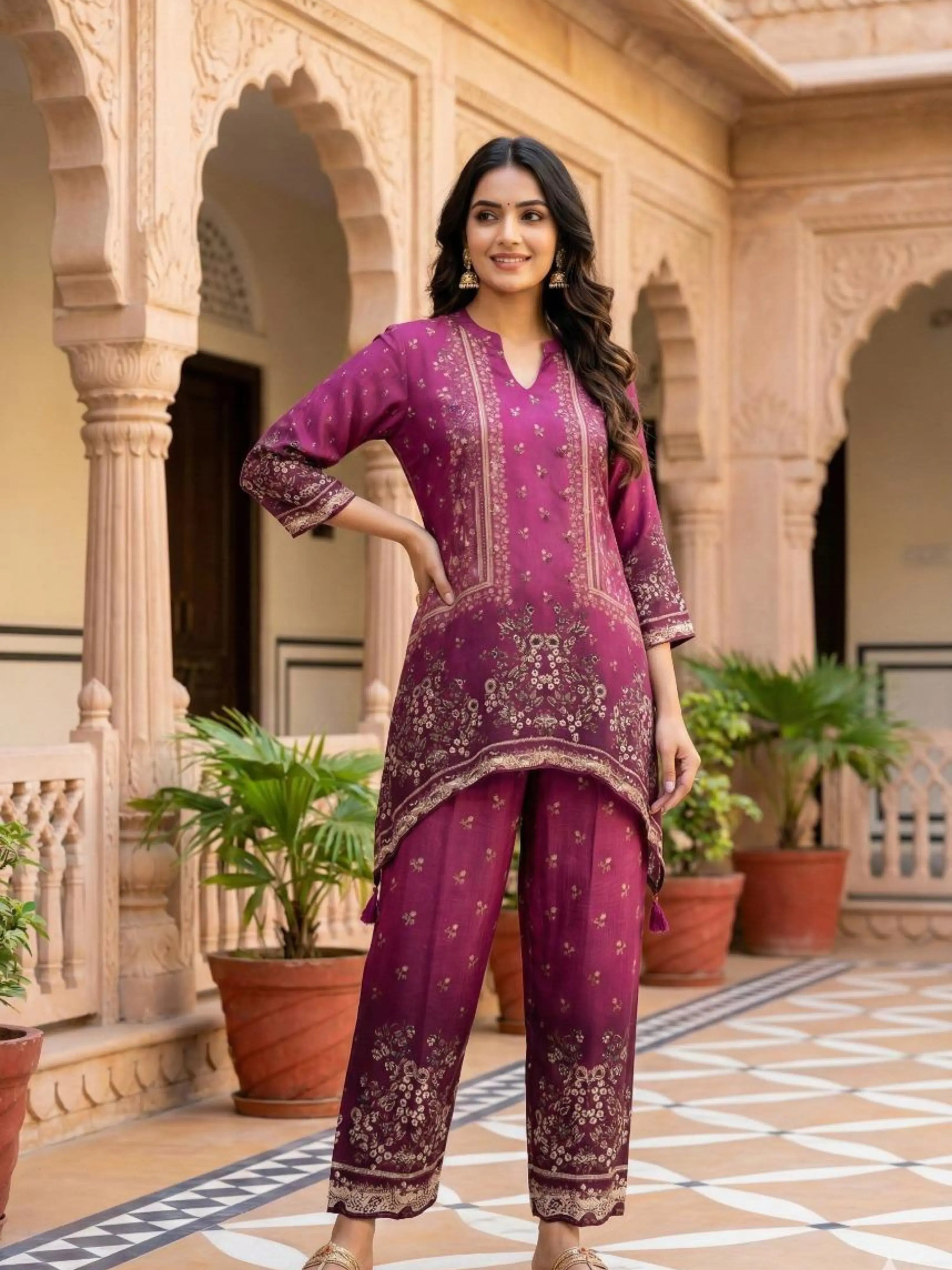 WINE DIGITAL PRINT MIRROR WORK CO-ORD SET