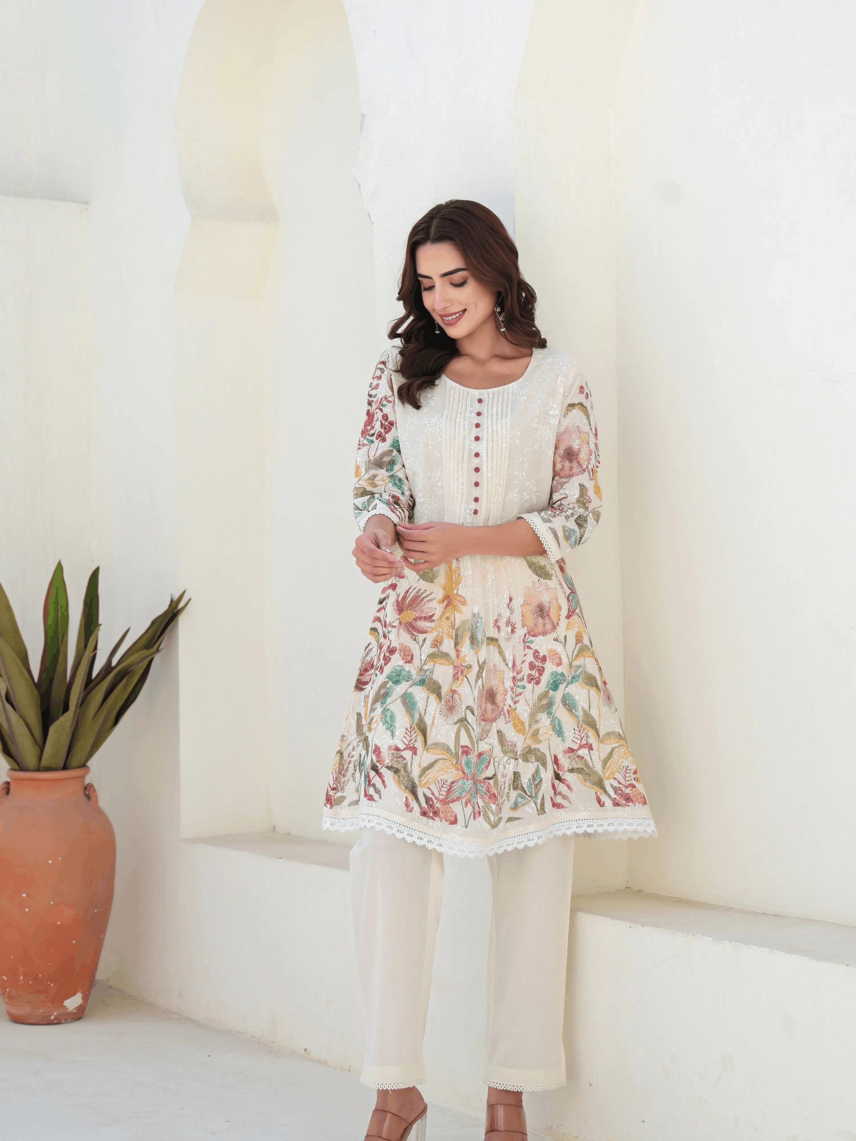 OFF WHITE FLORAL PRINTED A-LINE KURTA SET