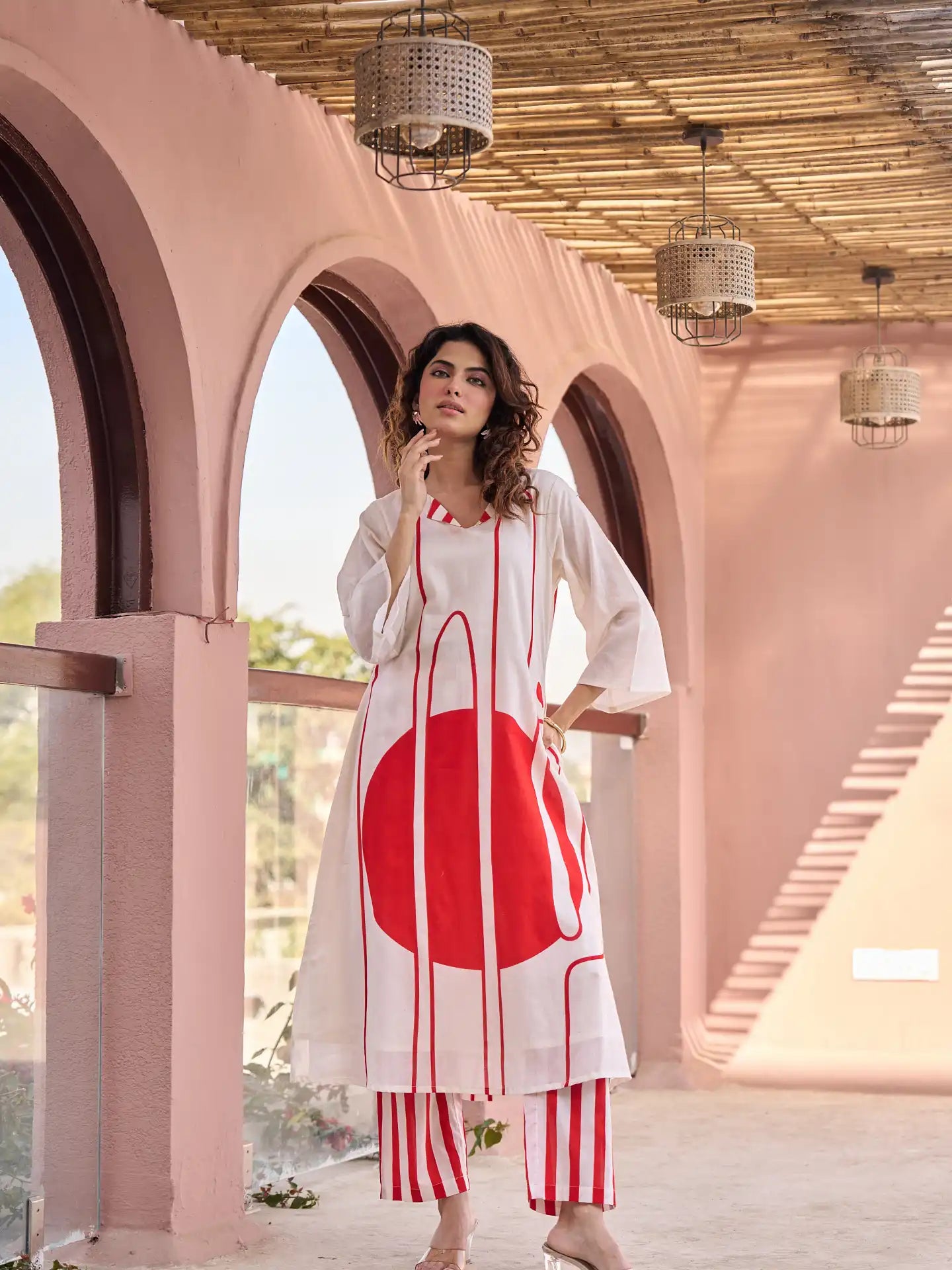 OFF WHITE & RED ABSTRACT PRINTED KURTA SET