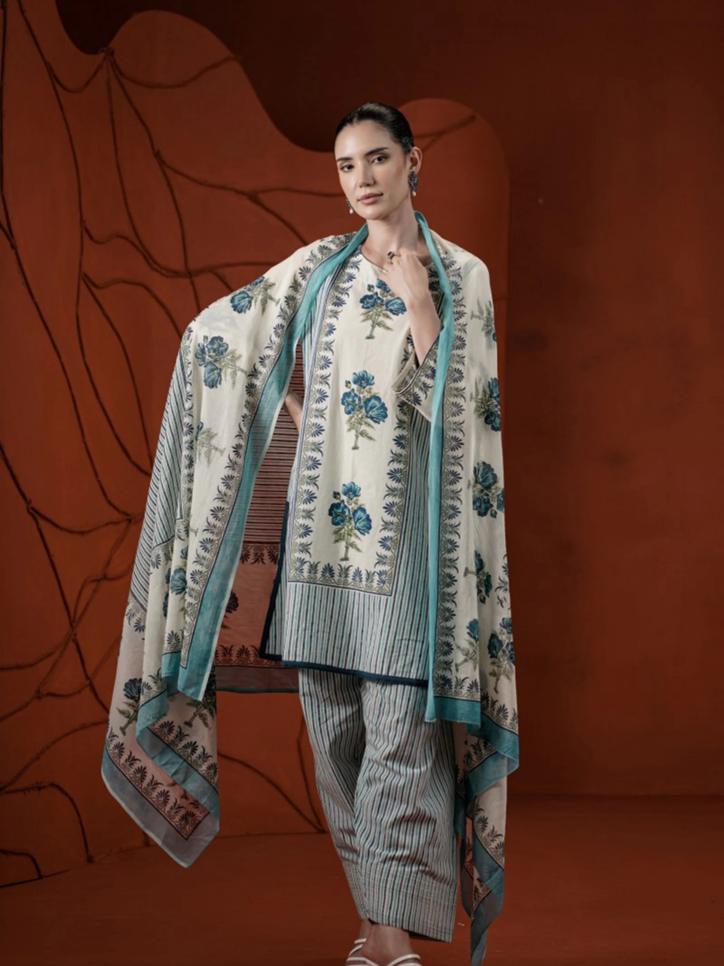SKY BLUE FLORAL BORDER PRINT PURE COTTON SUIT SET