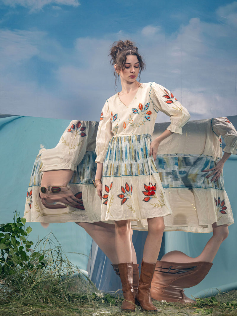 SAKURA BOHO BLOOM PEARLS WORK PURE COTTON DRESS