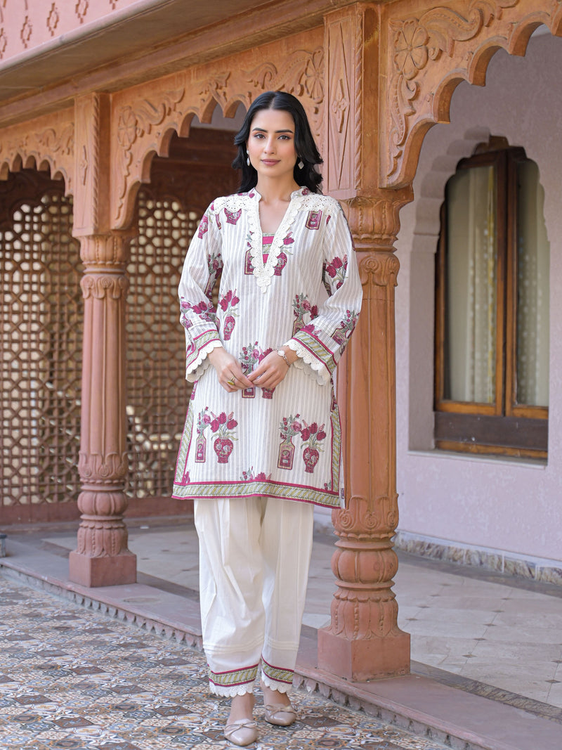ROSE IVORY HERITAGE LACE WORK PURE COTTON FARSHI CO-ORD SET